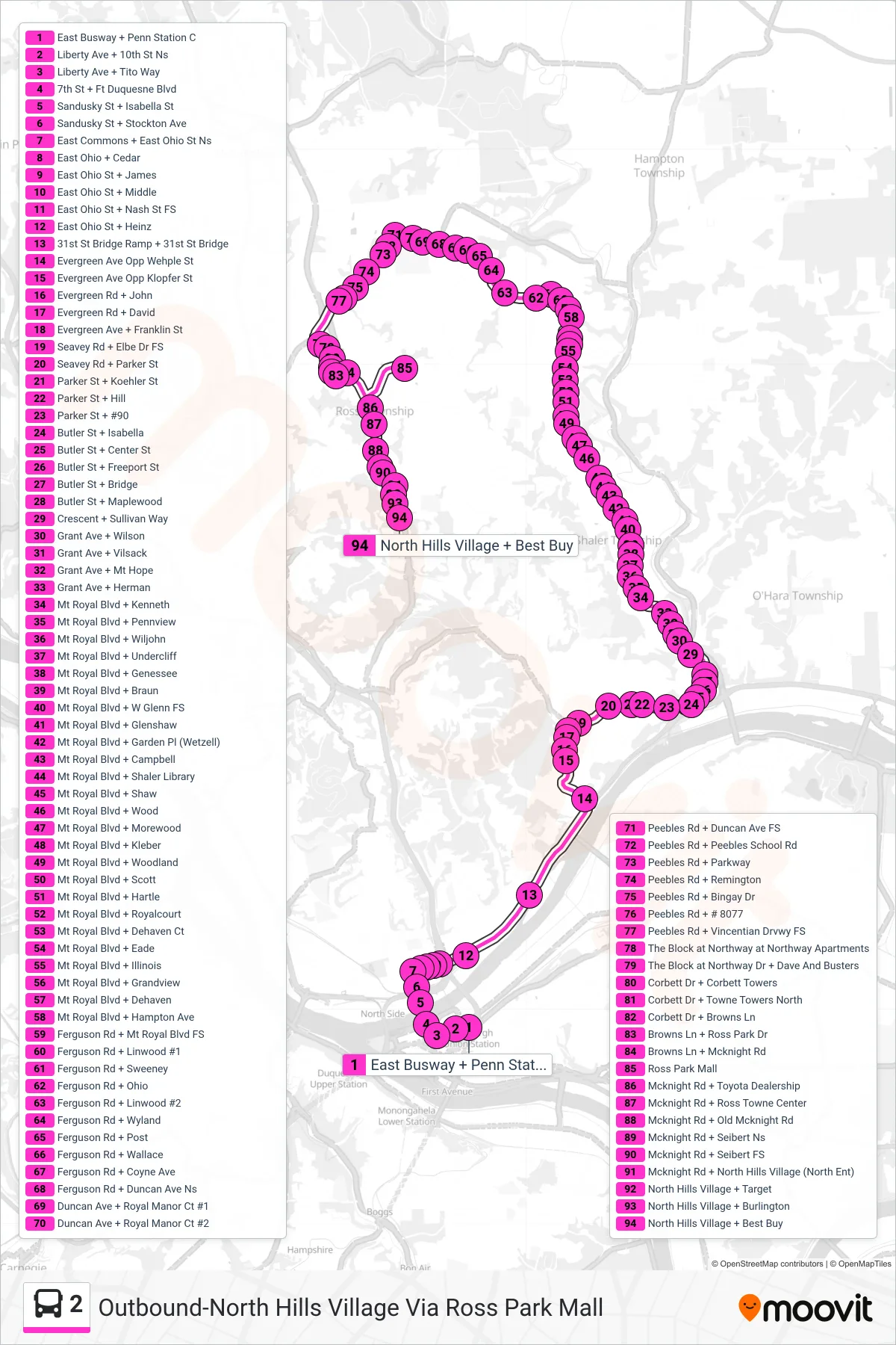 2 bus Line (Outbound-North Hills Village Via Ross Park Mall) route and stops on a map