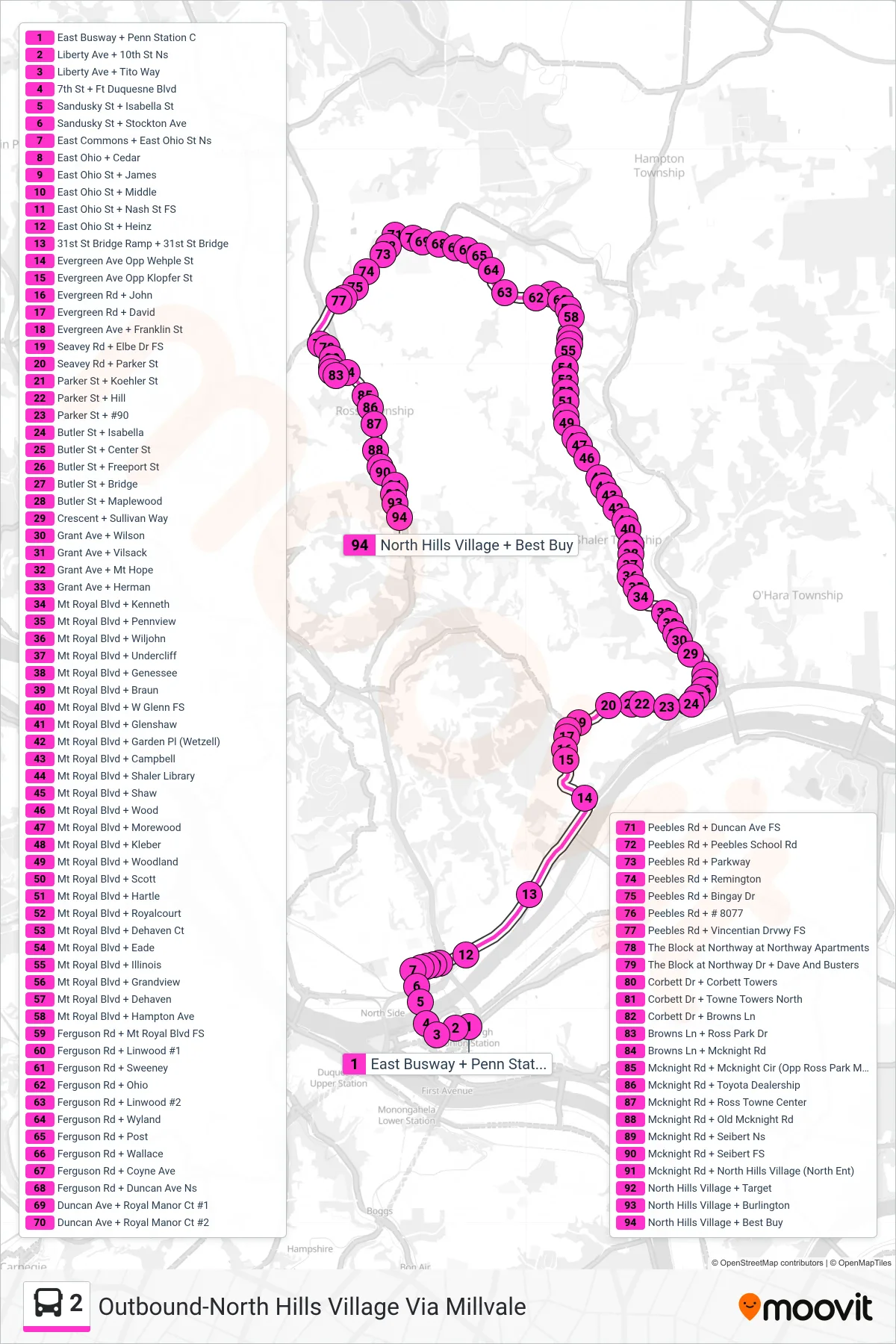 2 bus Line (Outbound-North Hills Village Via Millvale) route and stops on a map