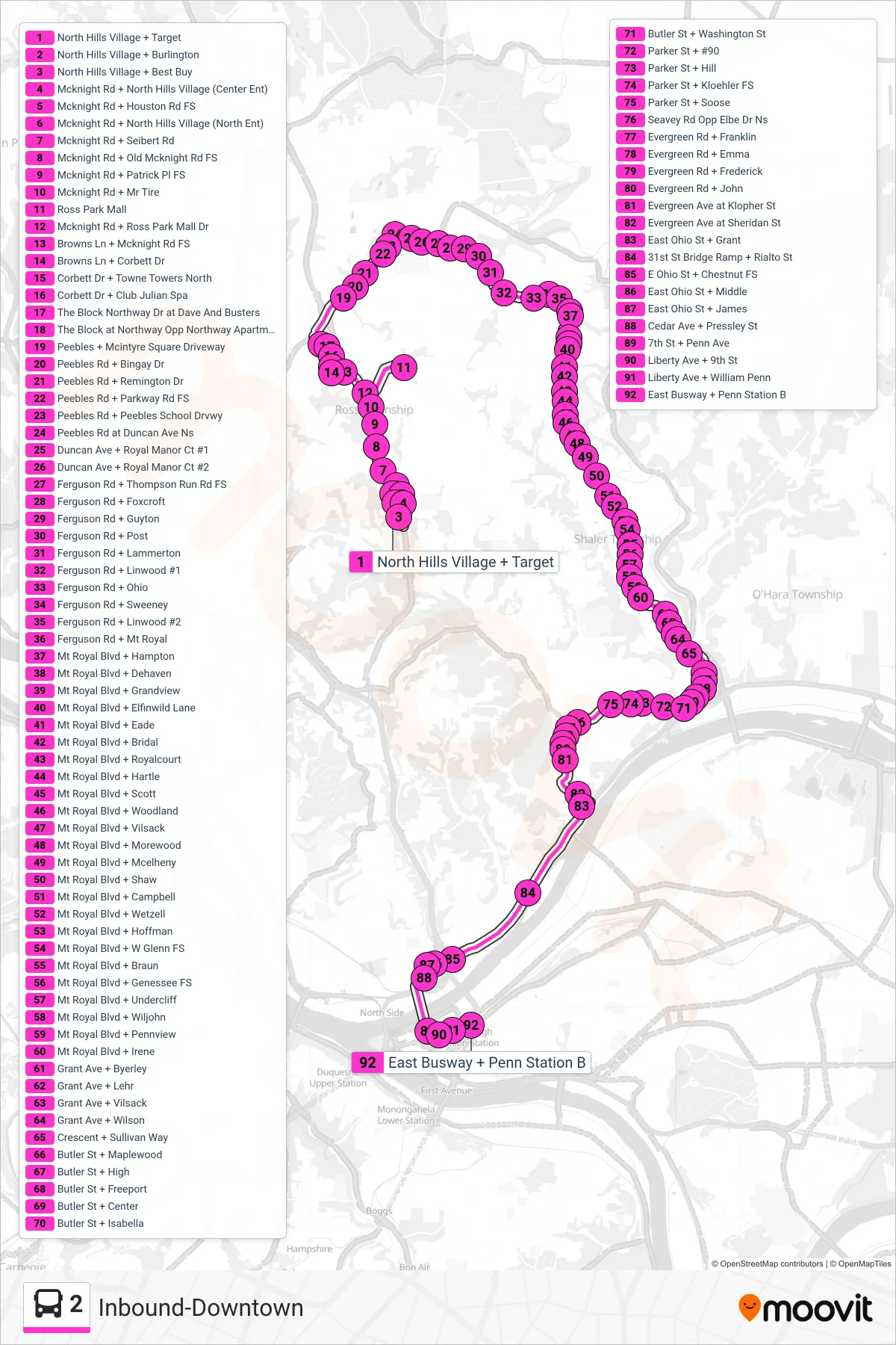 2 bus Line (Inbound-Downtown) route and stops on a map