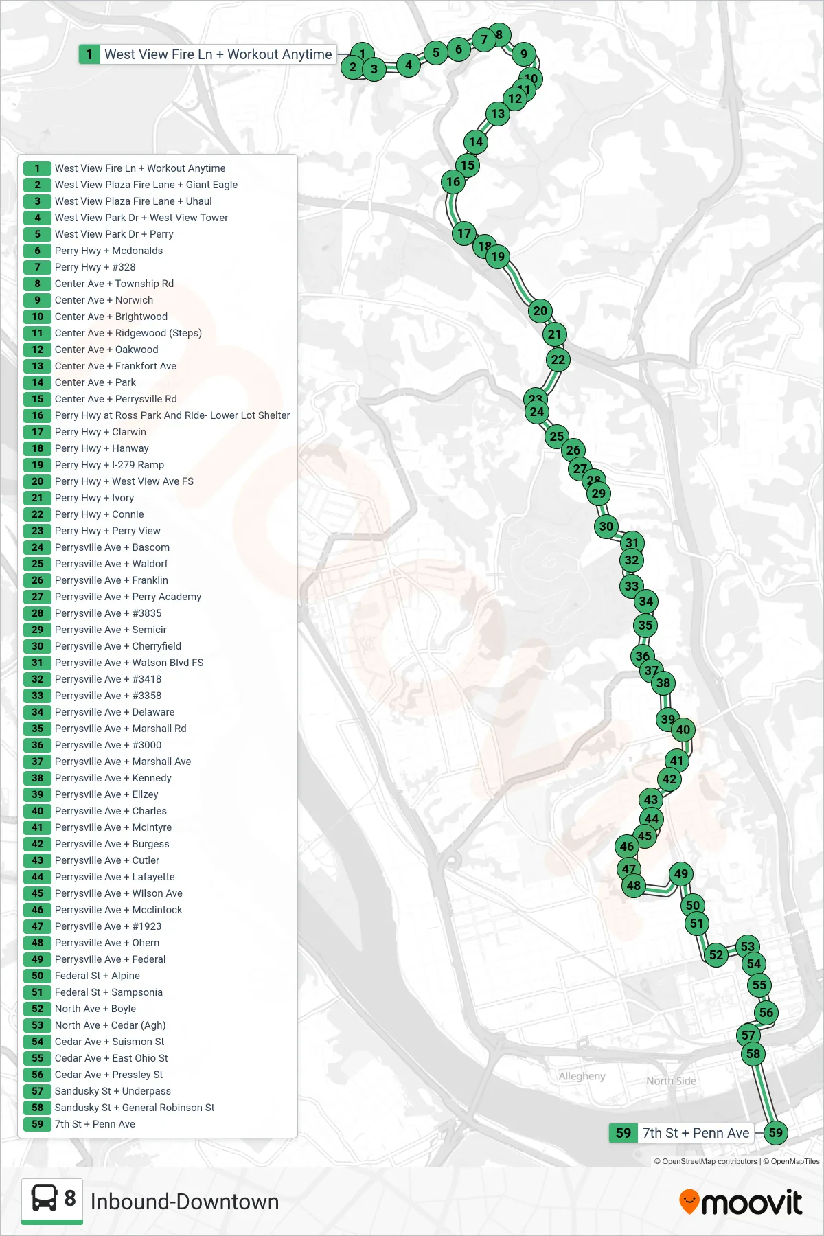 8 bus Line (Inbound-Downtown) route and stops on a map