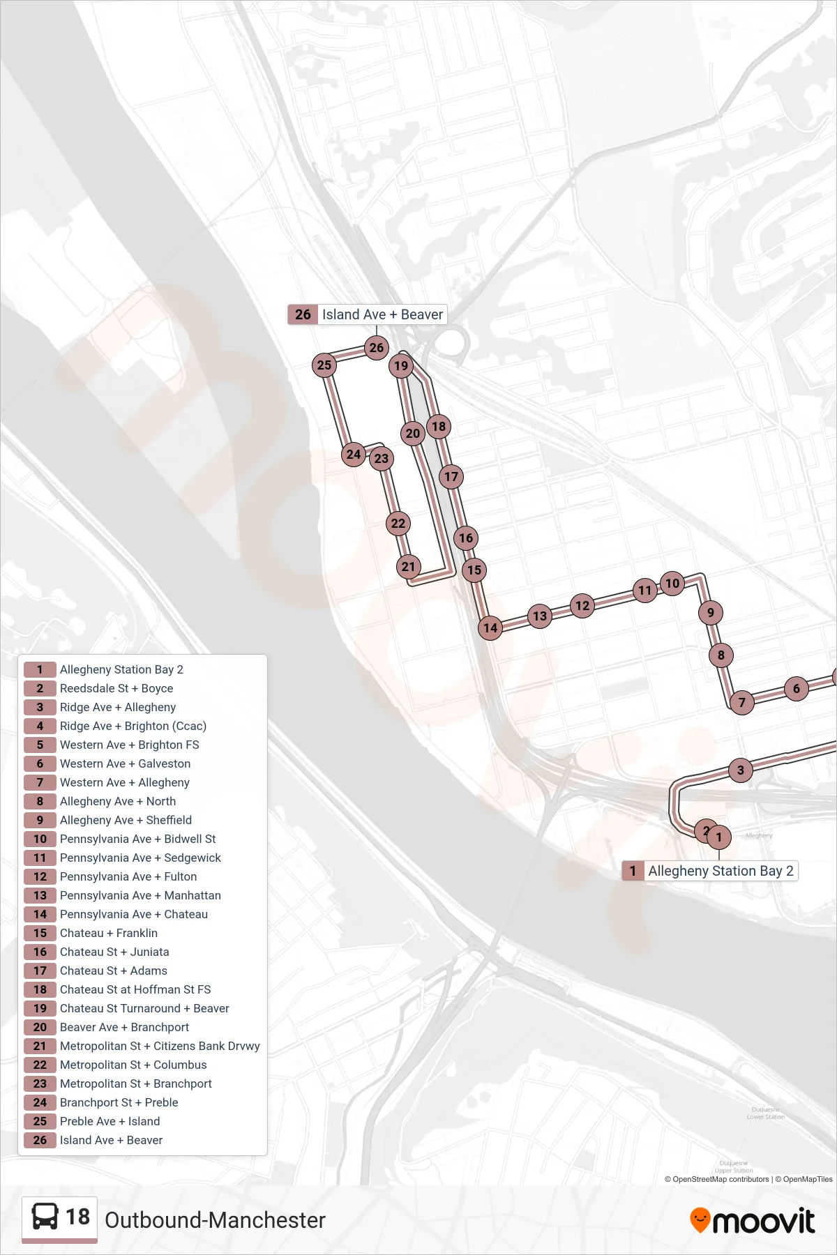 18 bus Line (Outbound-Manchester) route and stops on a map