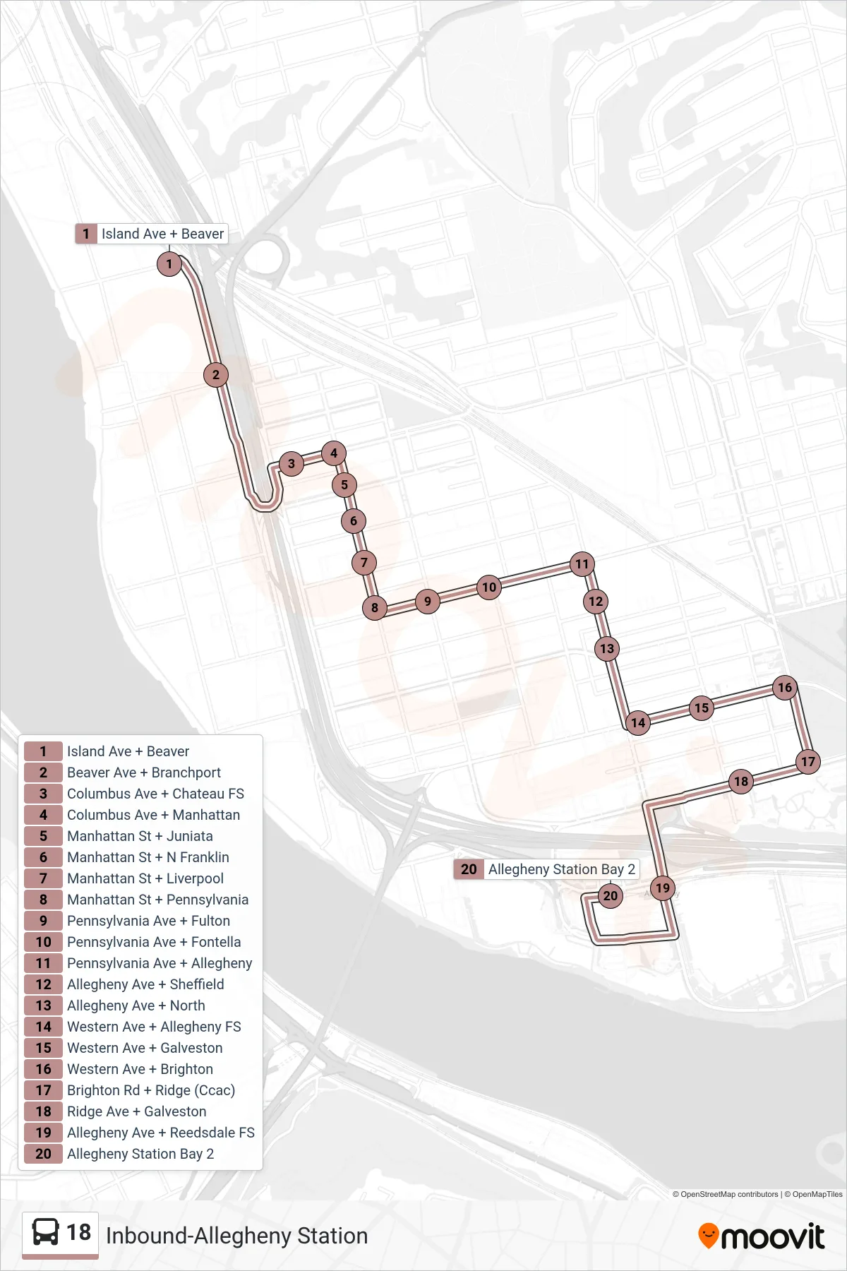 18 bus Line (Inbound-Allegheny Station) route and stops on a map