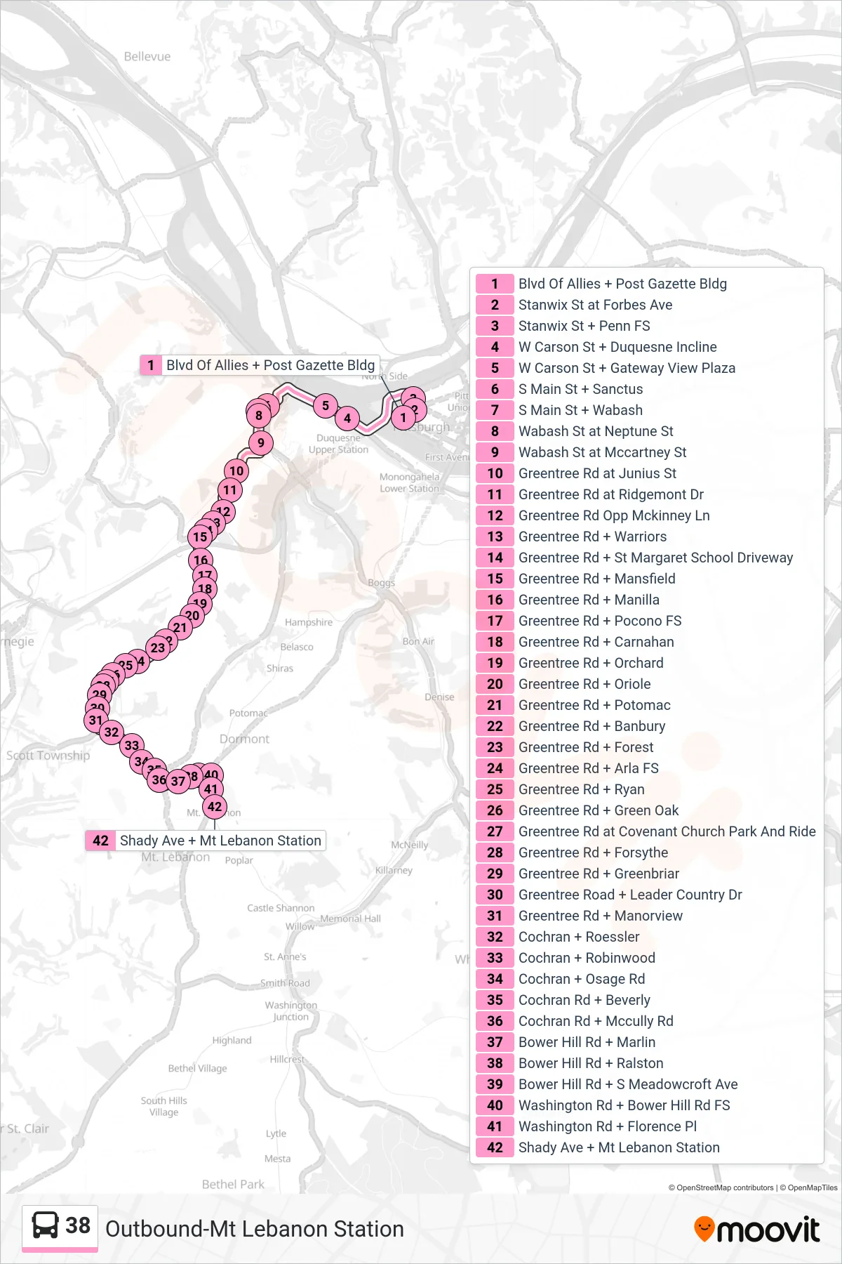 38 bus Line (Outbound-Mt Lebanon Station) route and stops on a map