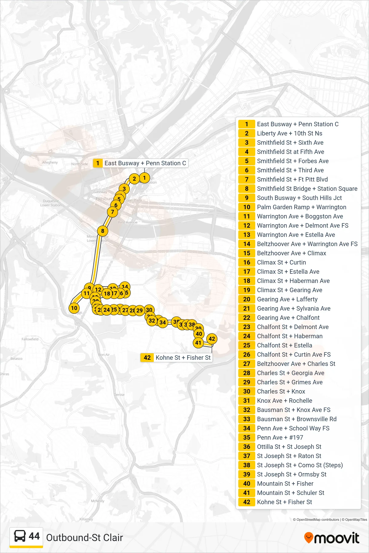 44 bus Line (Outbound-St Clair) route and stops on a map