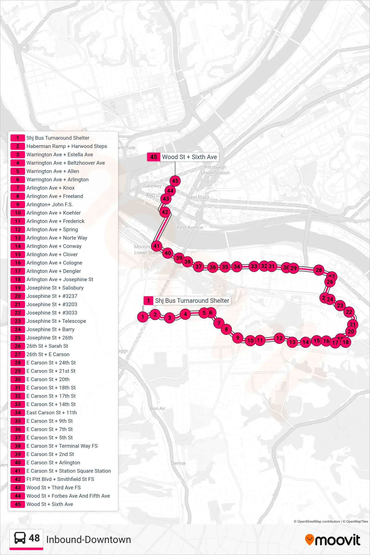48 bus Line (Inbound-Downtown) route and stops on a map