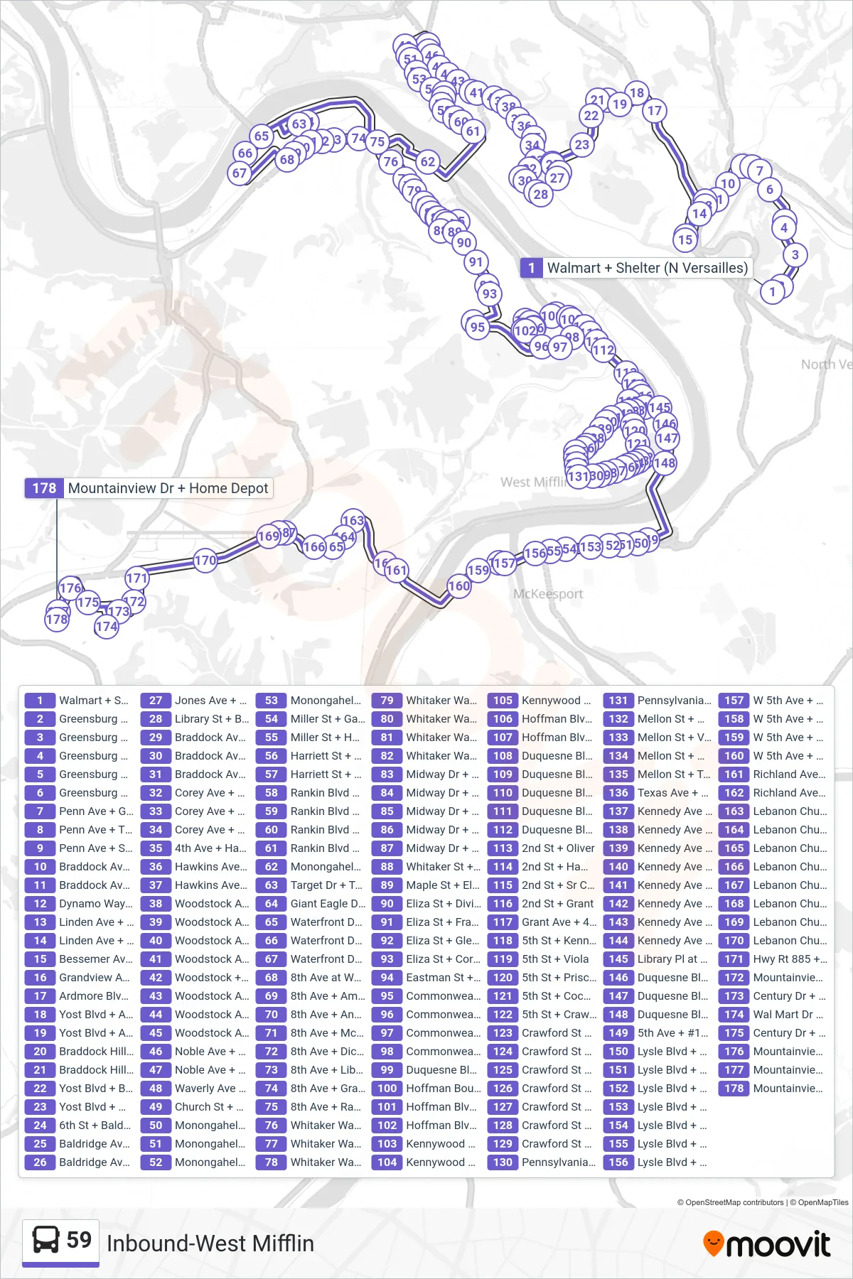 59 bus Line (Inbound-West Mifflin) route and stops on a map