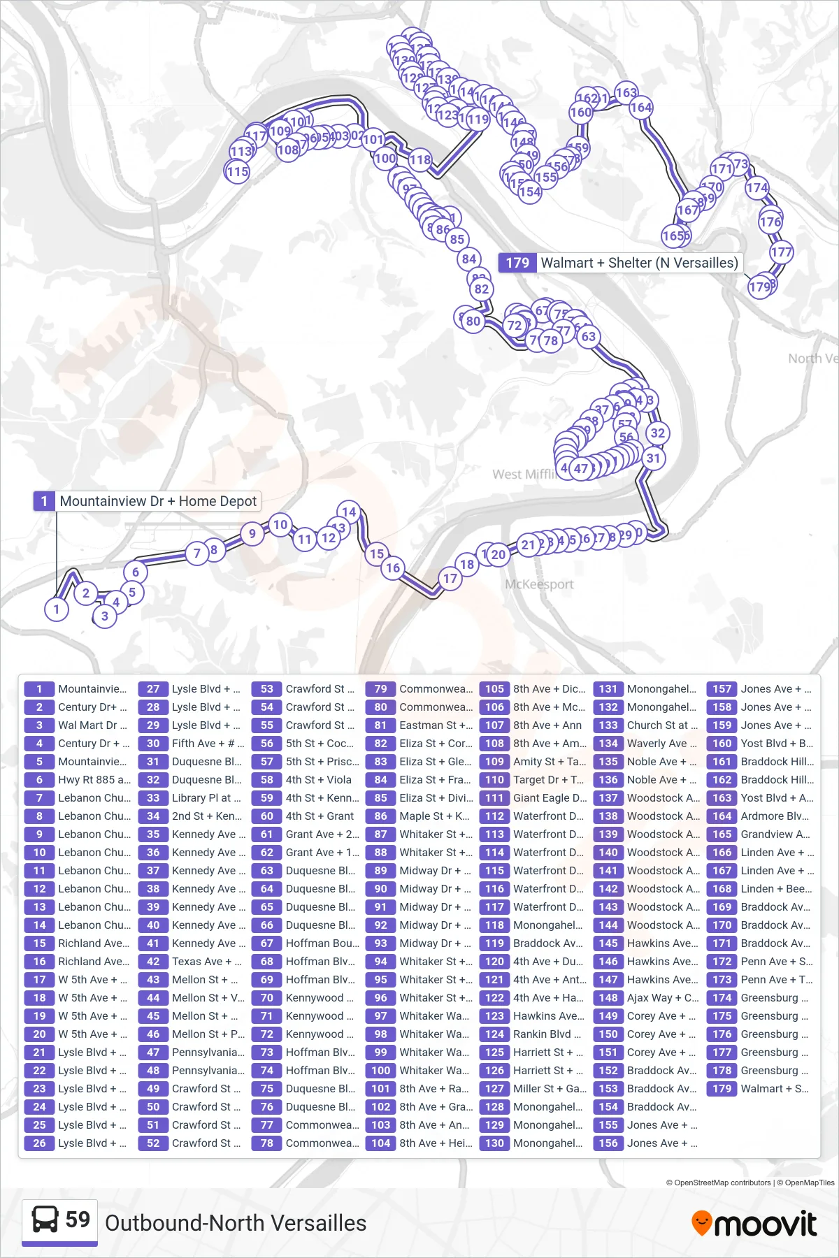 59 bus Line (Outbound-North Versailles) route and stops on a map