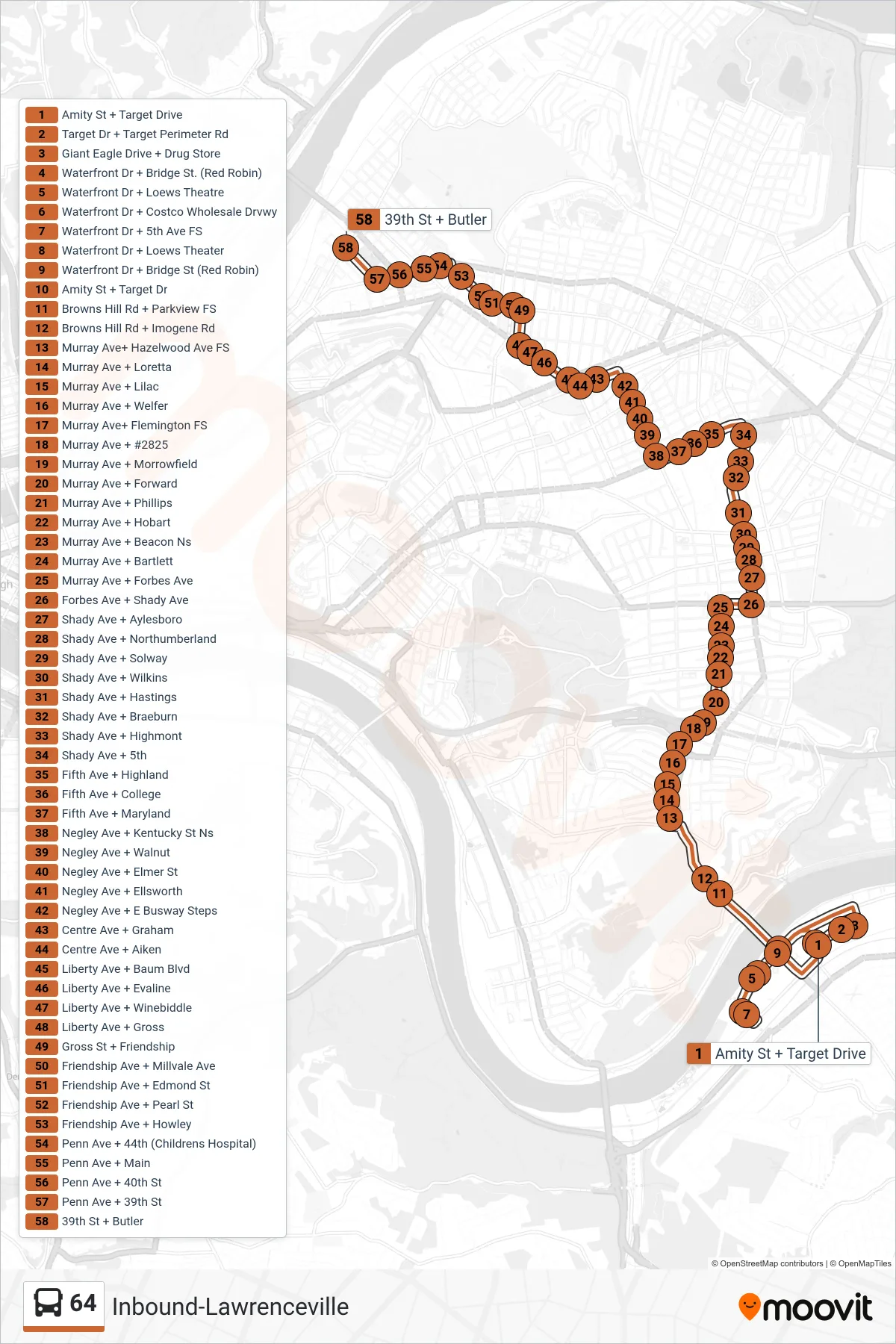 64 bus Line (Inbound-Lawrenceville) route and stops on a map