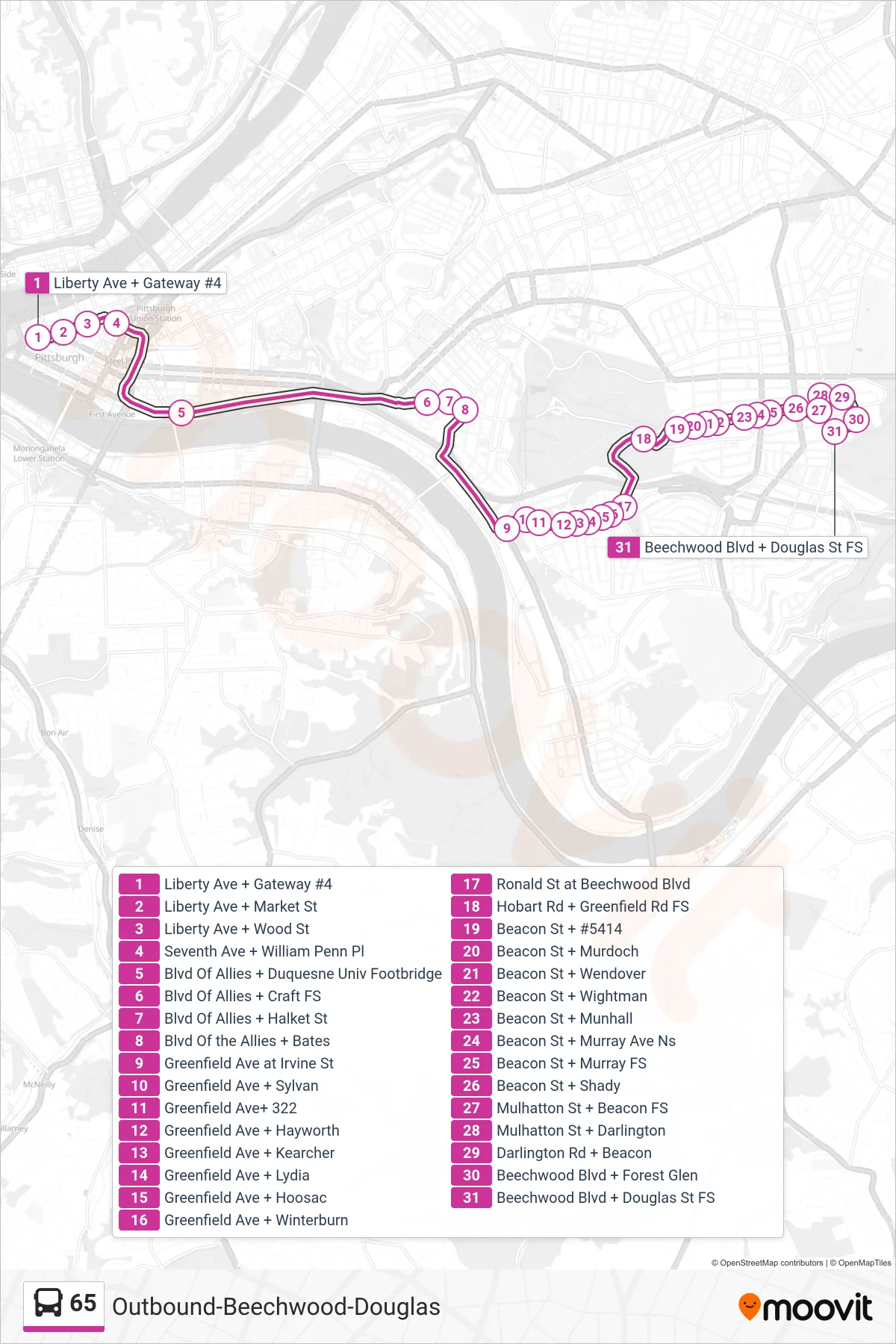 65 bus Line (Outbound-Beechwood-Douglas) route and stops on a map