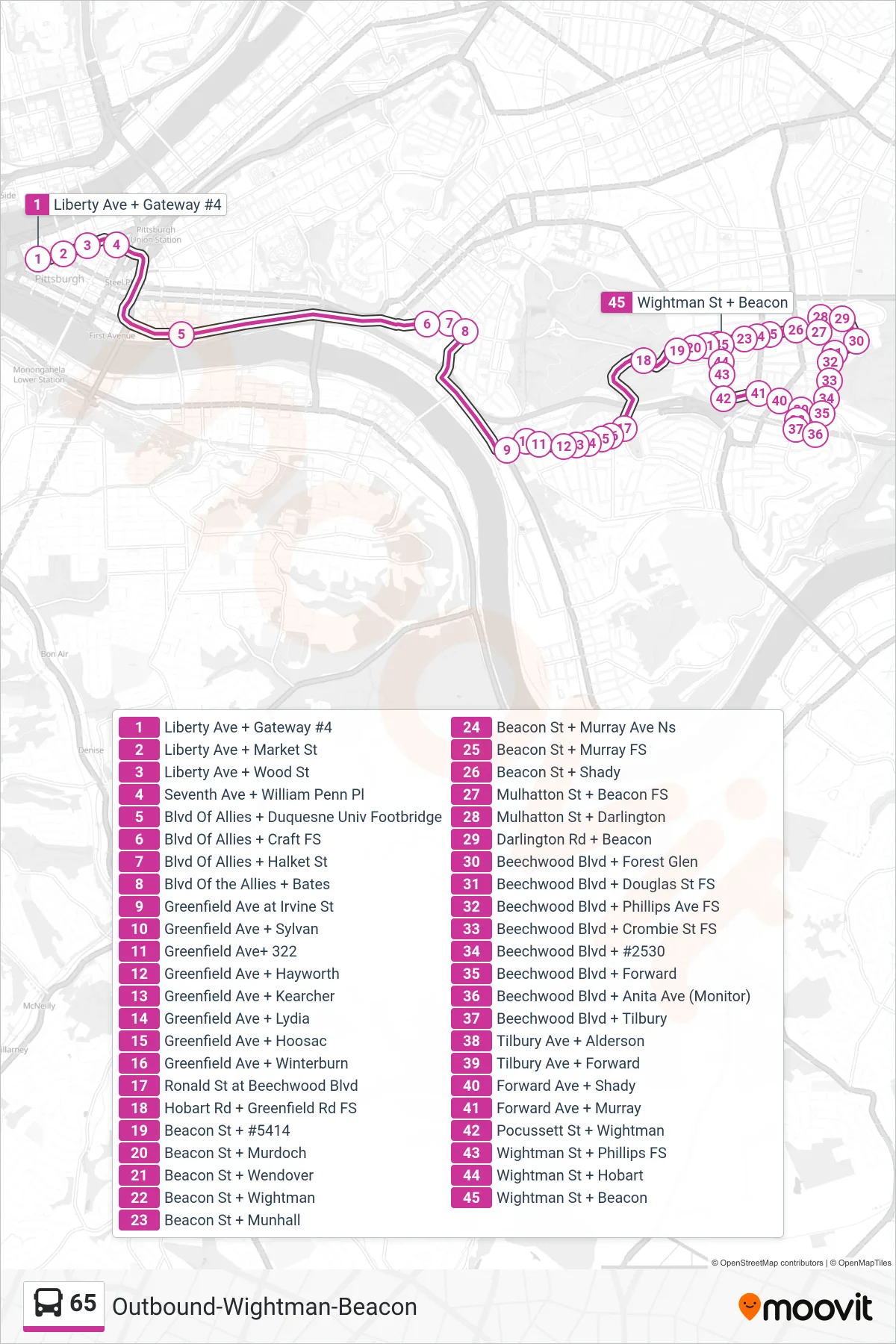 65 bus Line (Outbound-Wightman-Beacon) route and stops on a map