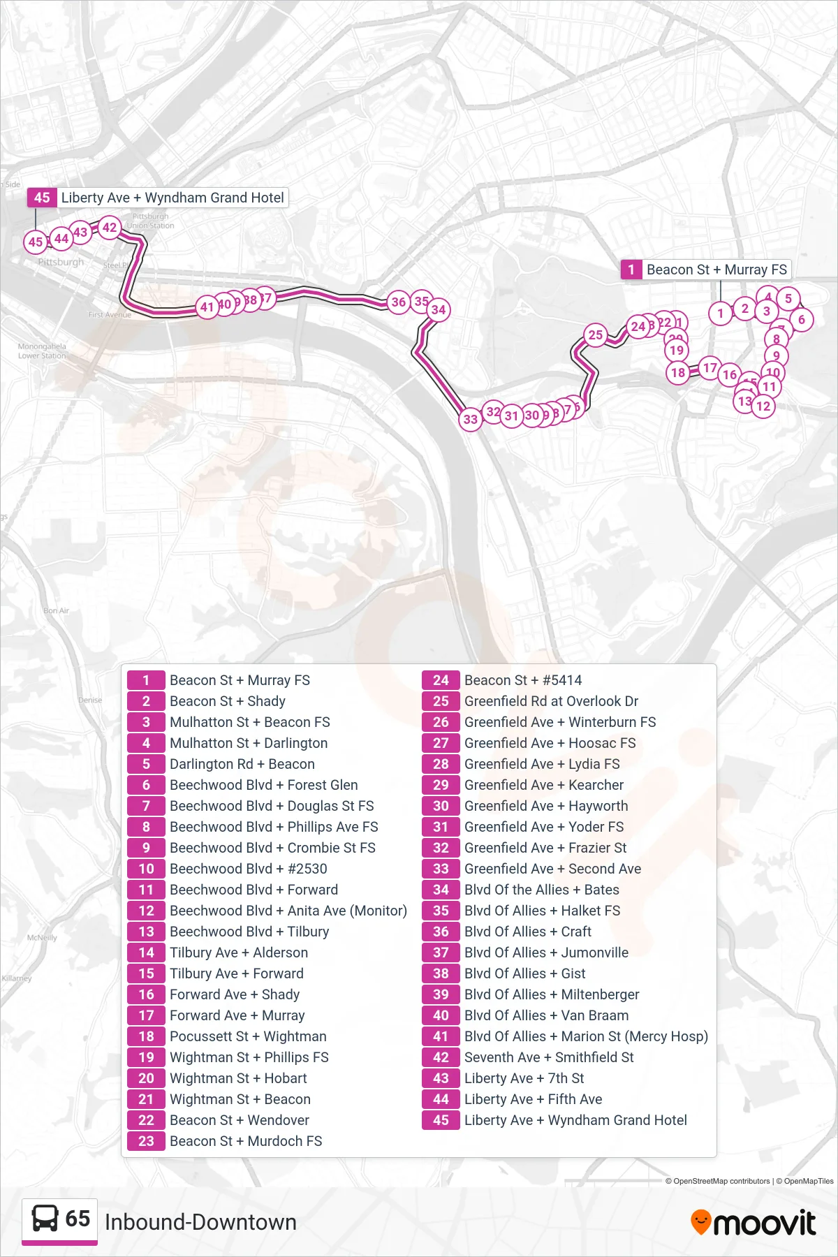 65 bus Line (Inbound-Downtown) route and stops on a map