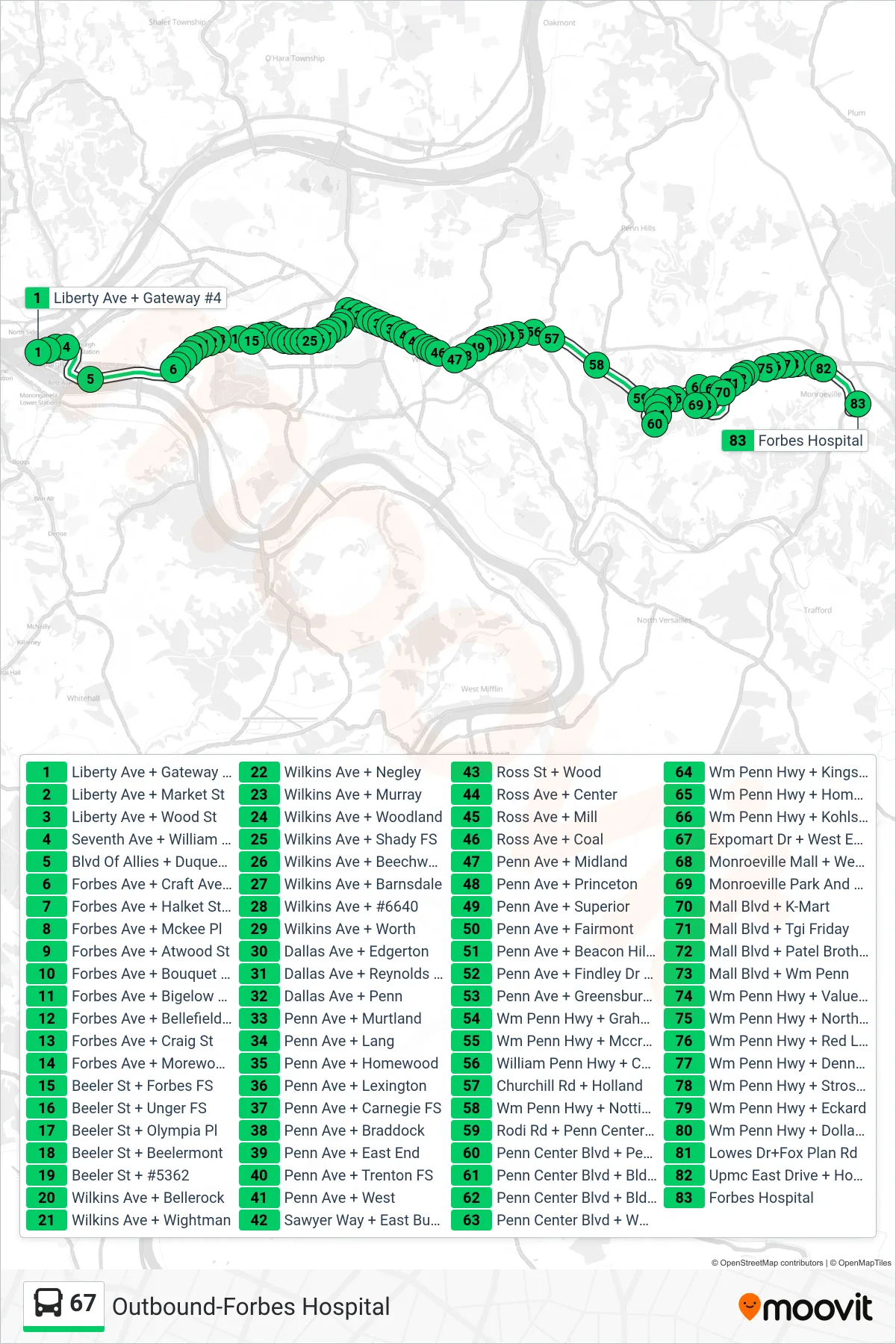 67 bus Line (Outbound-Forbes Hospital) route and stops on a map