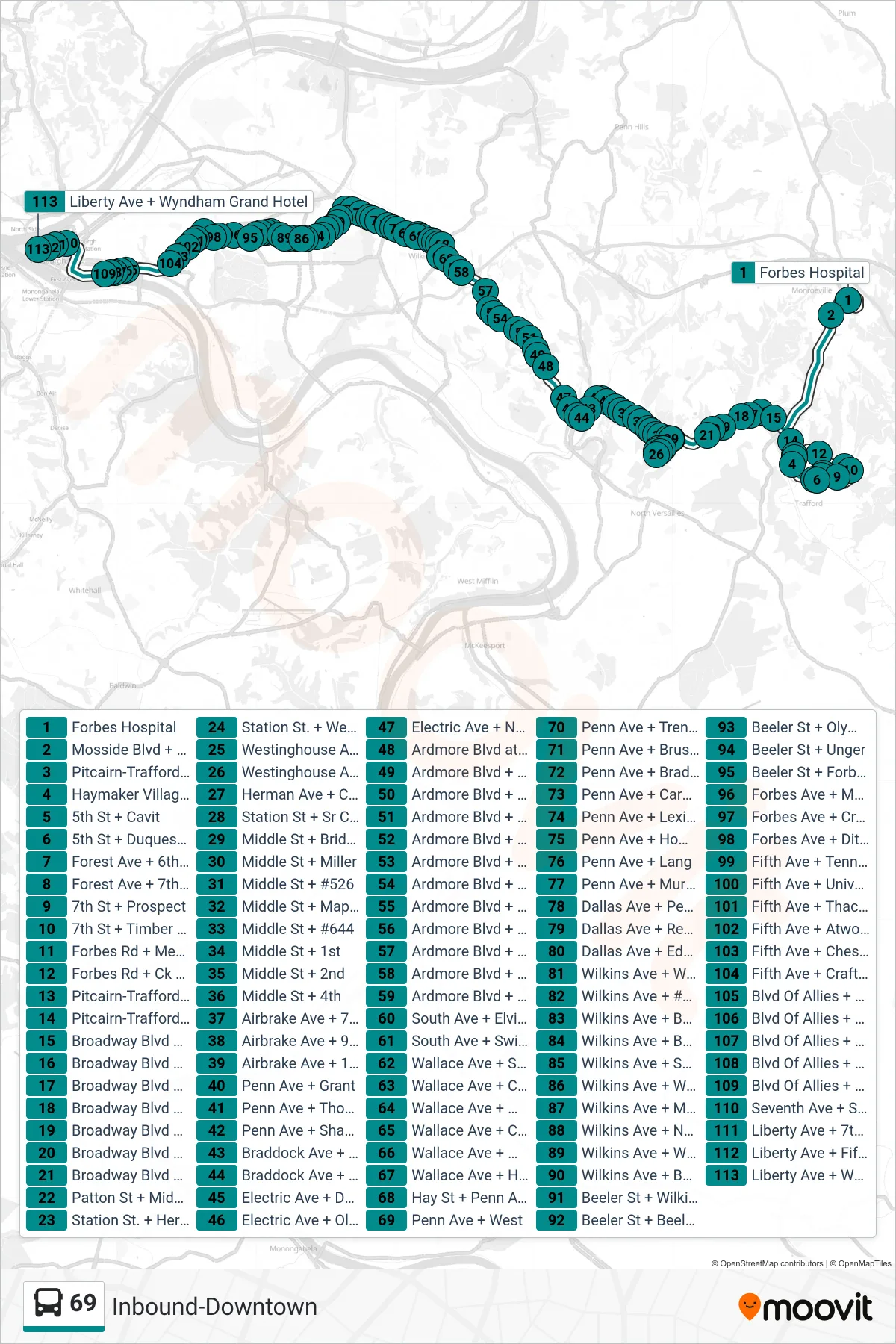69 bus Line (Inbound-Downtown) route and stops on a map