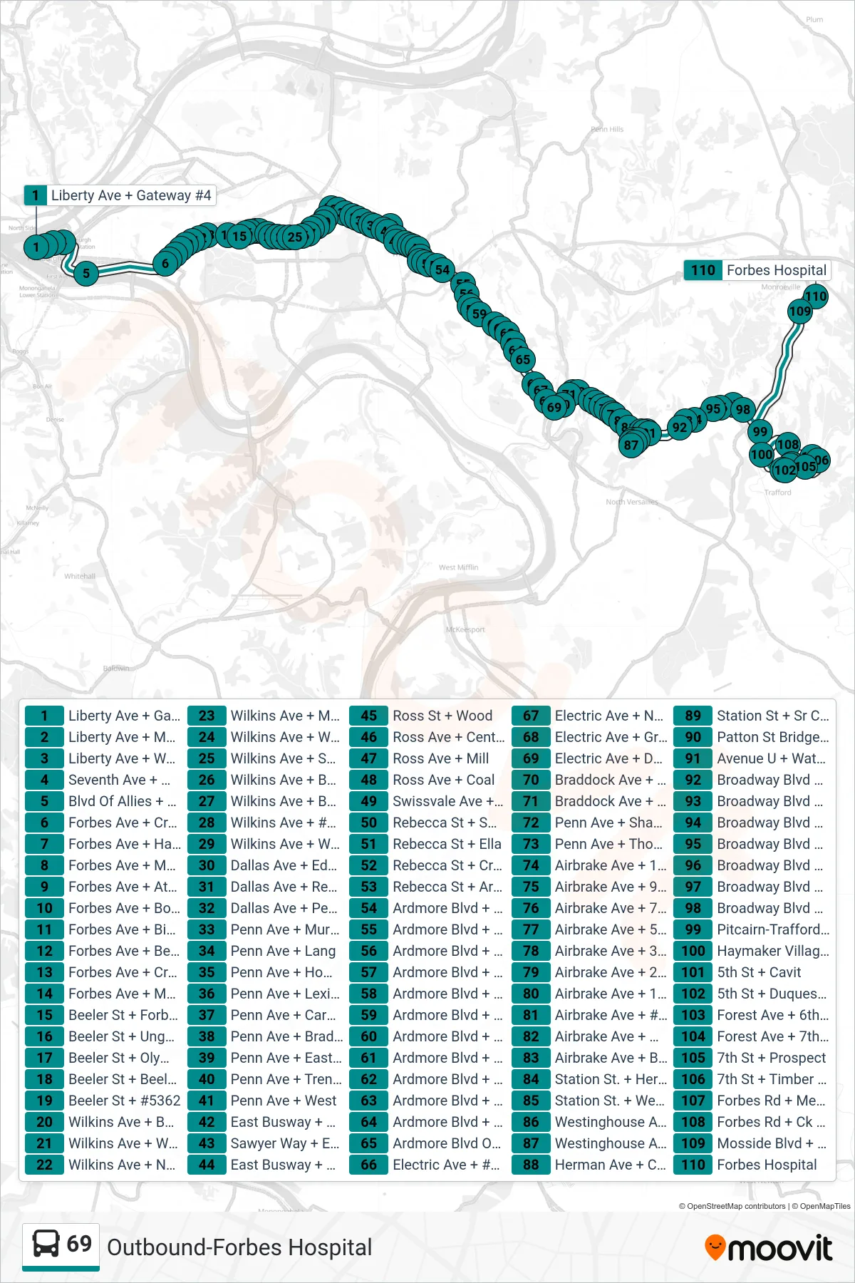 69 bus Line (Outbound-Forbes Hospital) route and stops on a map