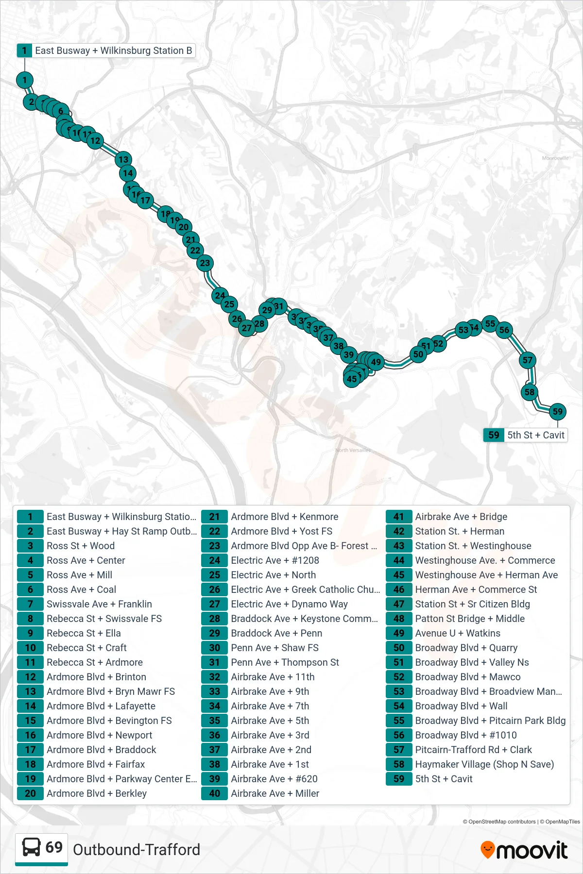 69 bus Line (Outbound-Trafford) route and stops on a map