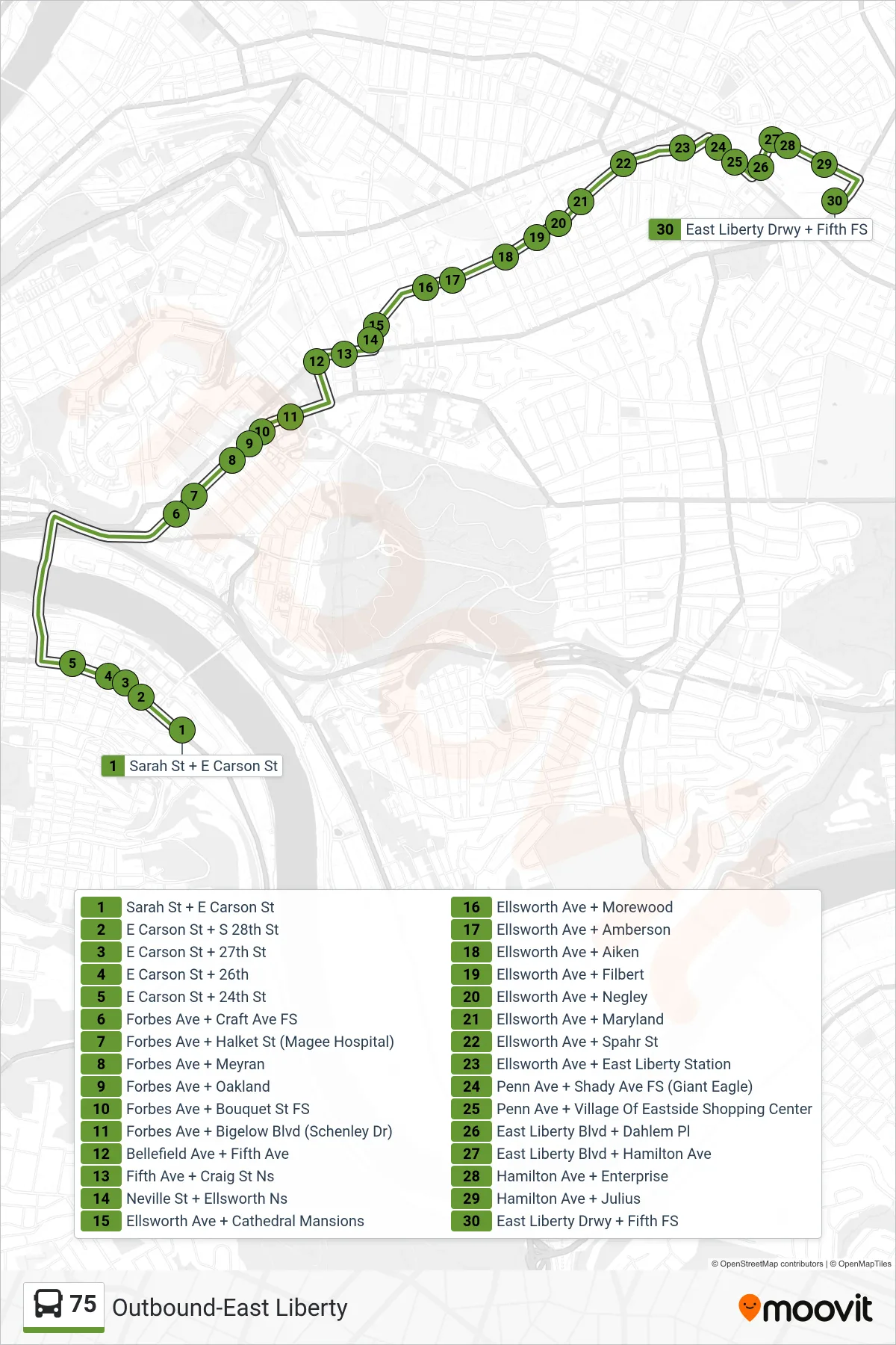 75 bus Line (Outbound-East Liberty) route and stops on a map