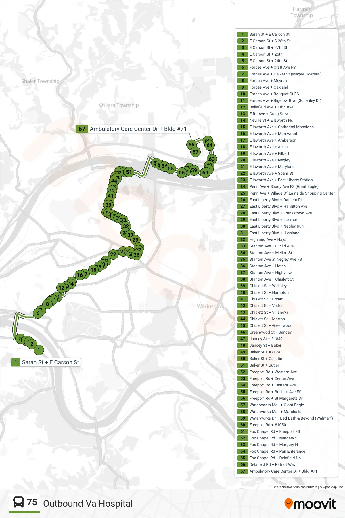75 bus Line (Outbound-Va Hospital) route and stops on a map