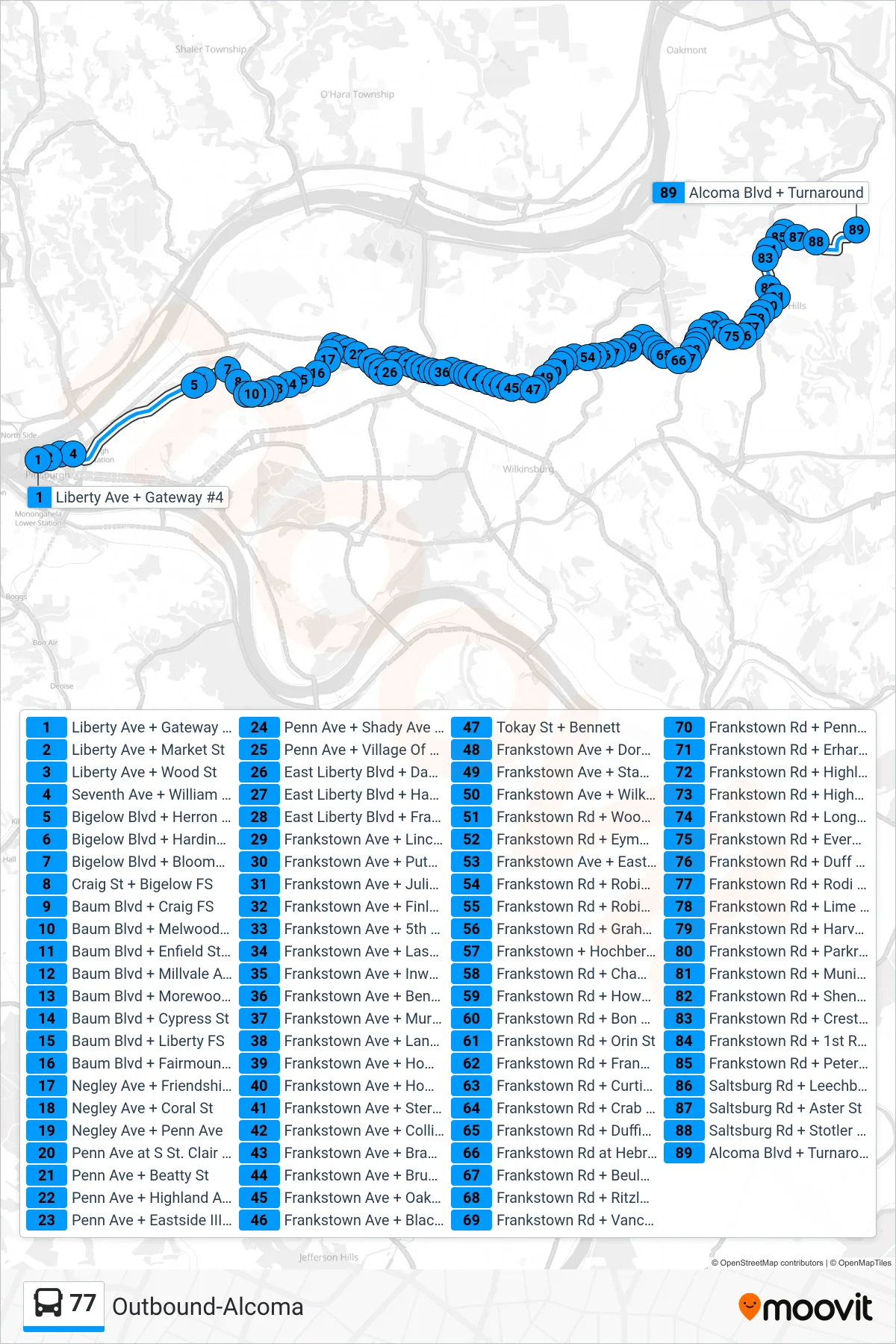 77 bus Line (Outbound-Alcoma) route and stops on a map