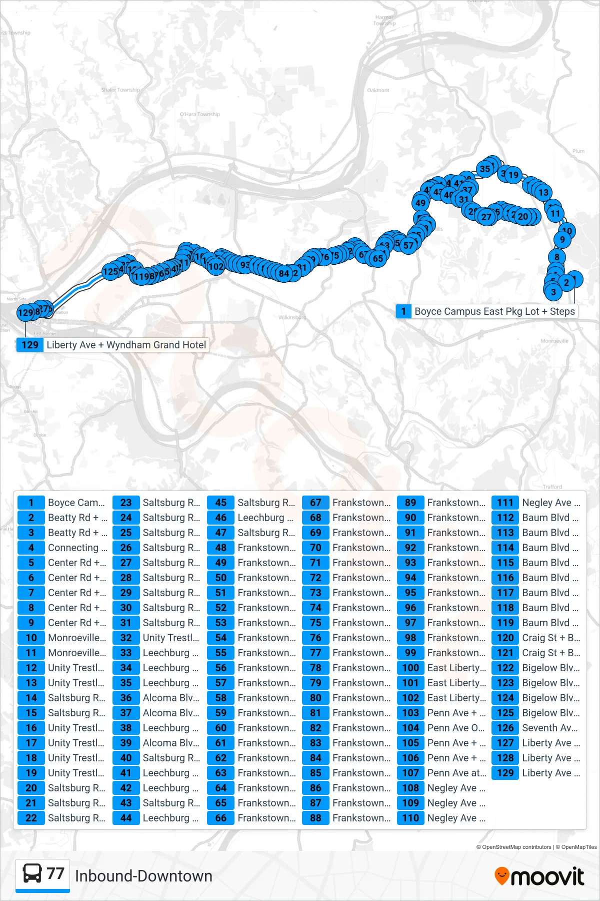77 bus Line (Inbound-Downtown) route and stops on a map