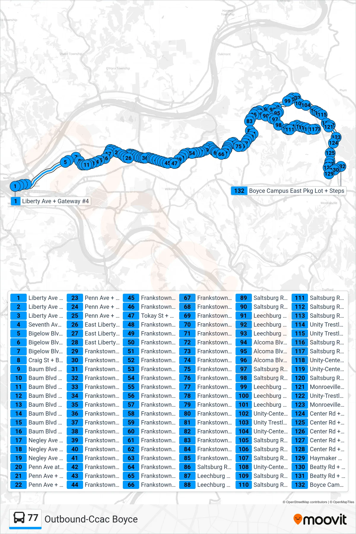 77 bus Line (Outbound-Ccac Boyce) route and stops on a map