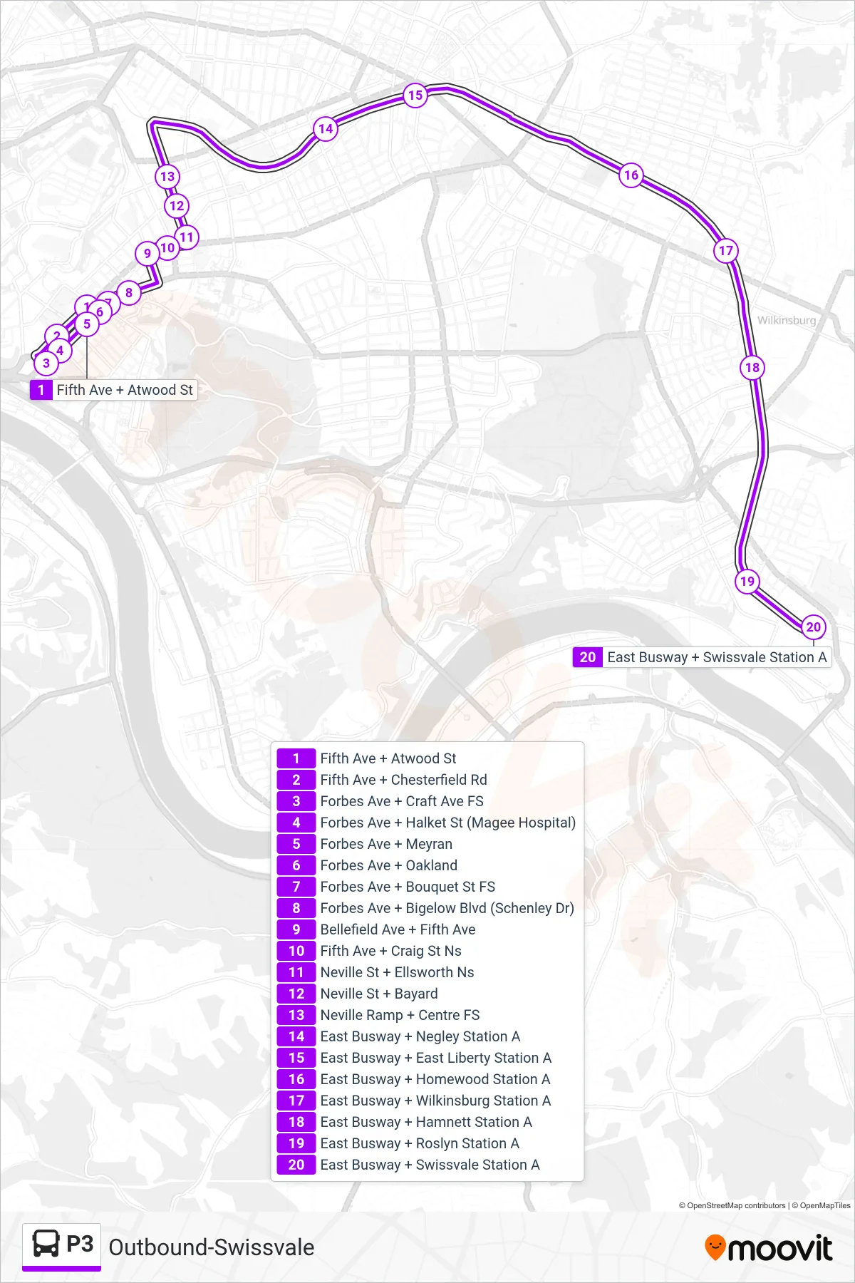 P3 bus Line (Outbound-Swissvale) route and stops on a map