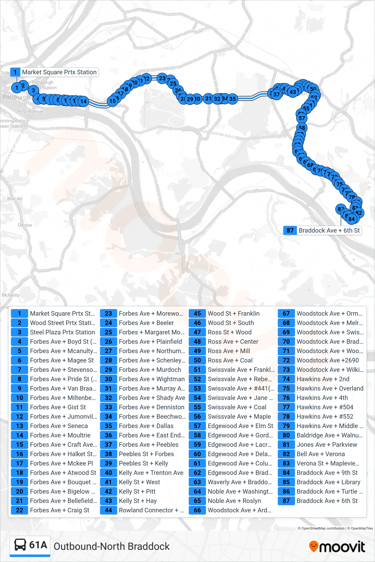 61A bus Line (Outbound-North Braddock) route and stops on a map