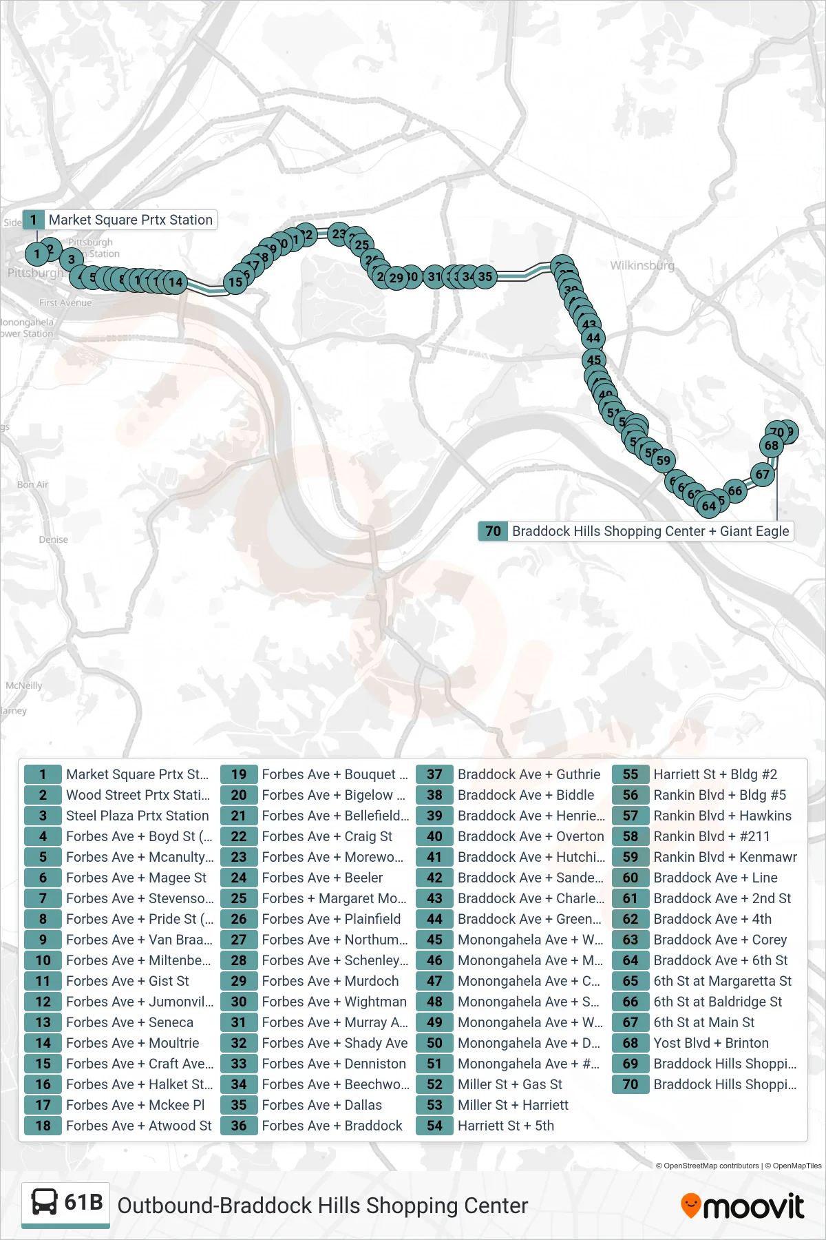 61B bus Line (Outbound-Braddock Hills Shopping Center) route and stops on a map
