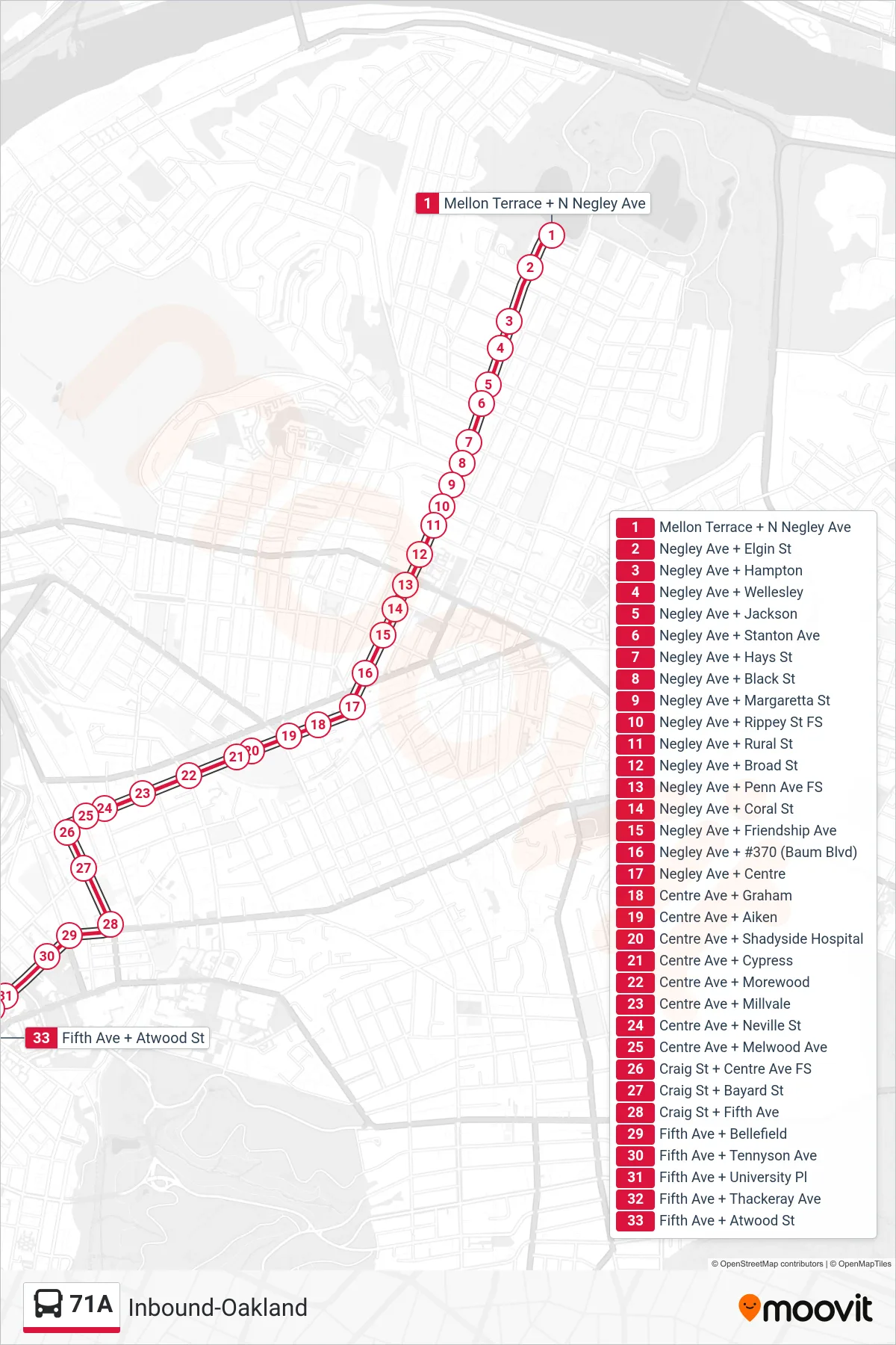 71A bus Line (Inbound-Oakland) route and stops on a map
