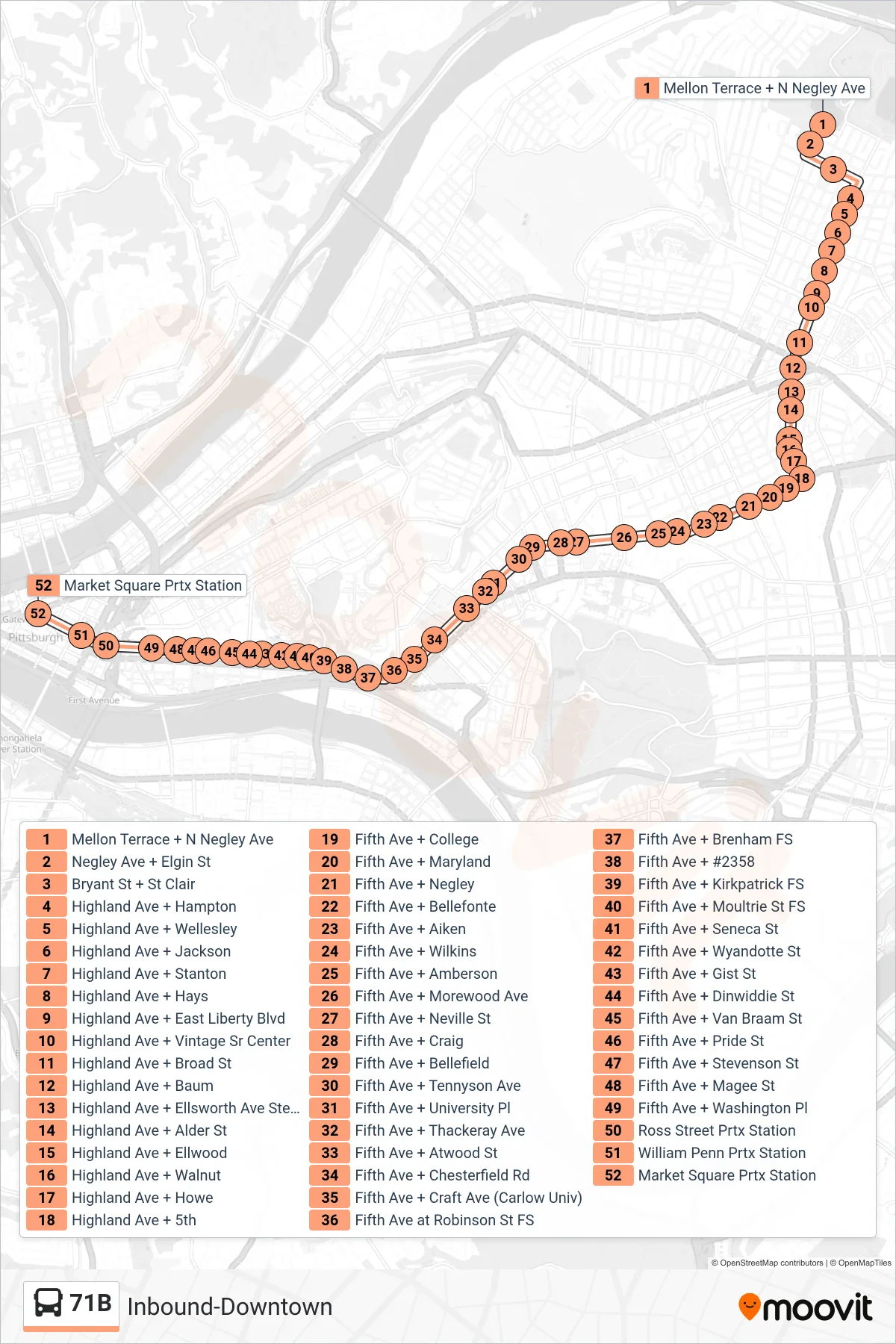 71B bus Line (Inbound-Downtown) route and stops on a map