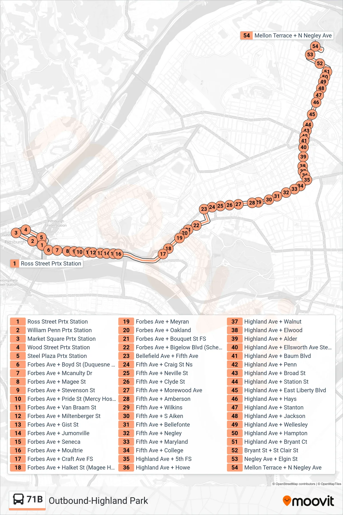 71B bus Line (Outbound-Highland Park) route and stops on a map