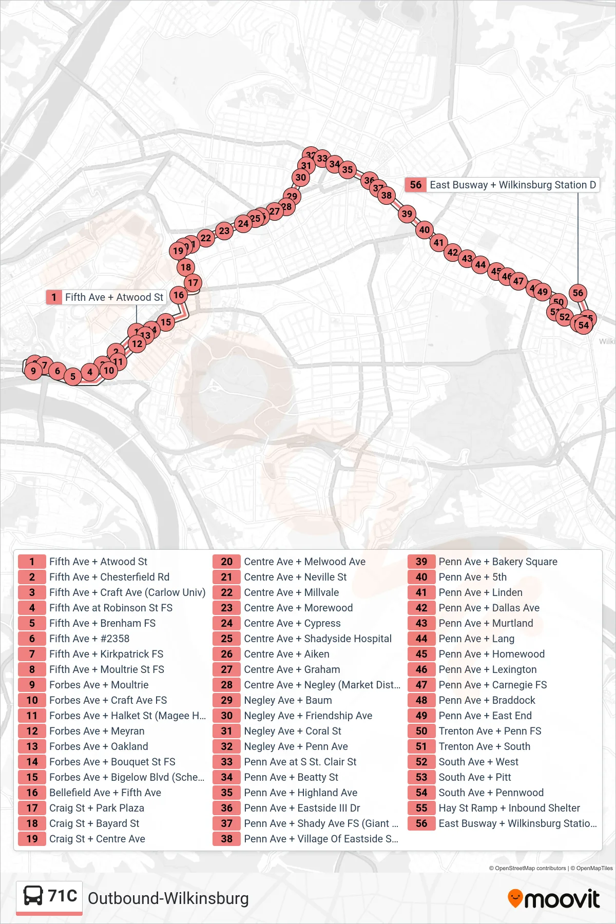 71C bus Line (Outbound-Wilkinsburg) route and stops on a map