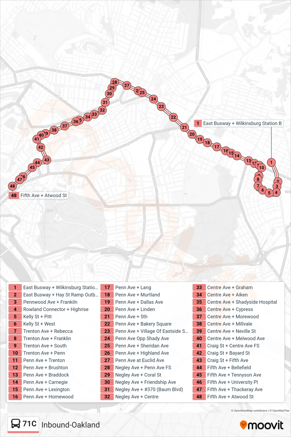 71C bus Line (Inbound-Oakland) route and stops on a map