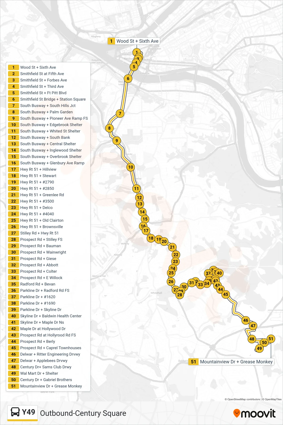 Y49 bus Line (Outbound-Century Square) route and stops on a map