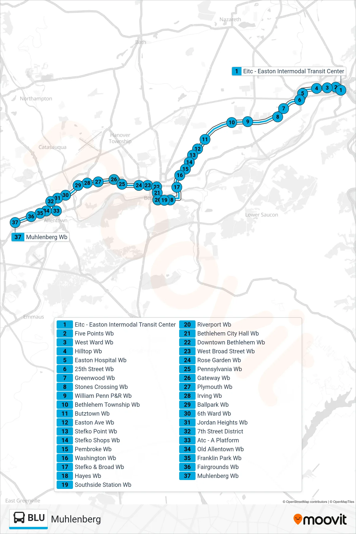 BLU bus Line (Muhlenberg) route and stops on a map