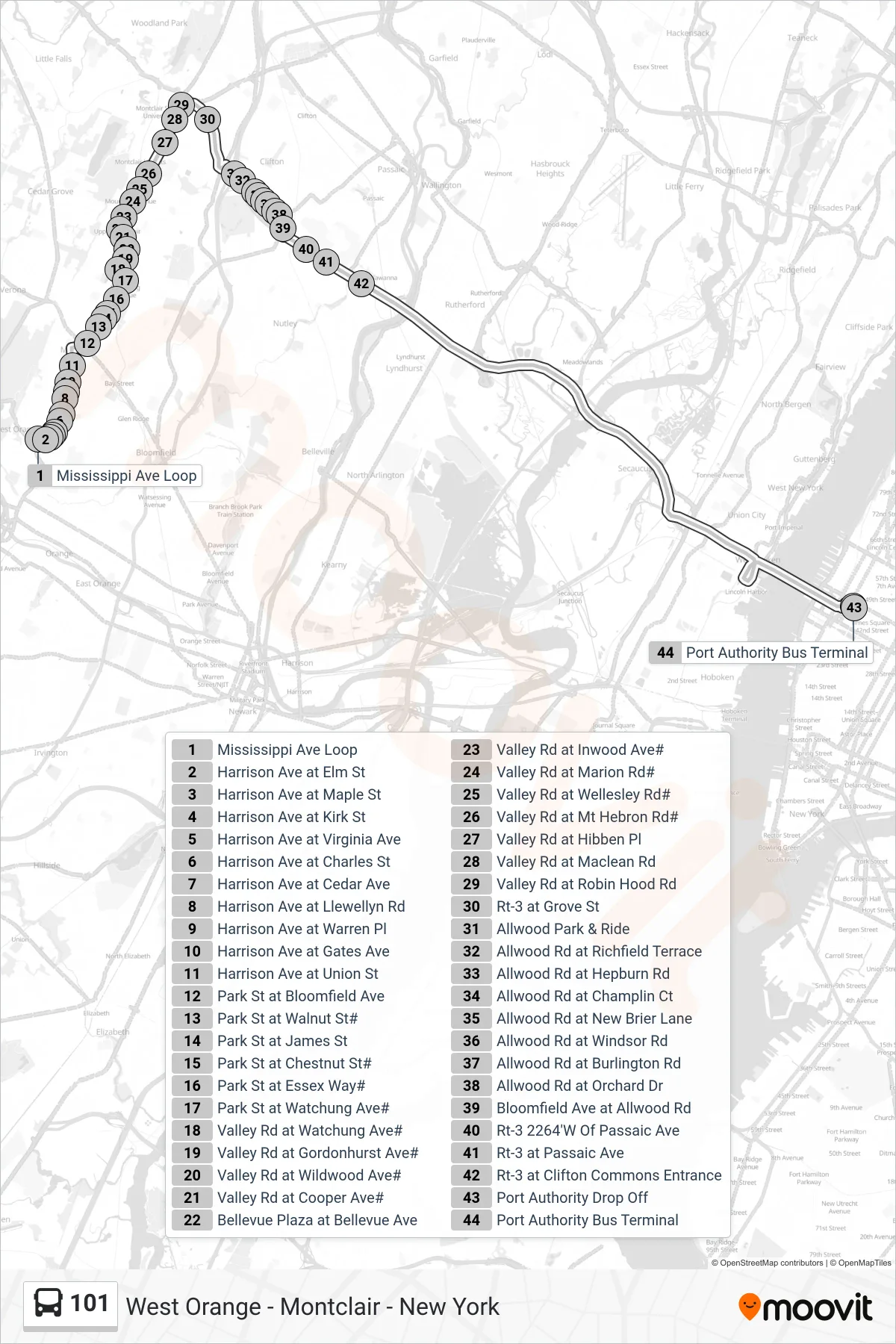 101 bus Line (New York Express) route and stops on a map