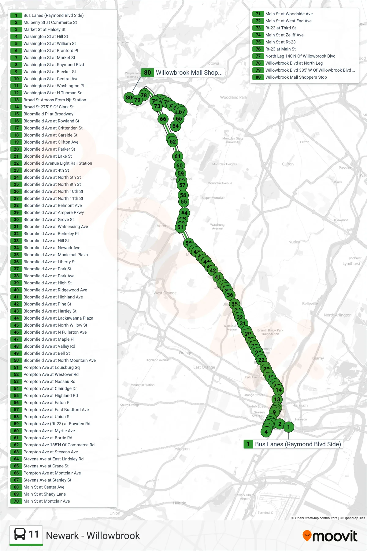 11 bus Line (Wayne Willowbrook) route and stops on a map