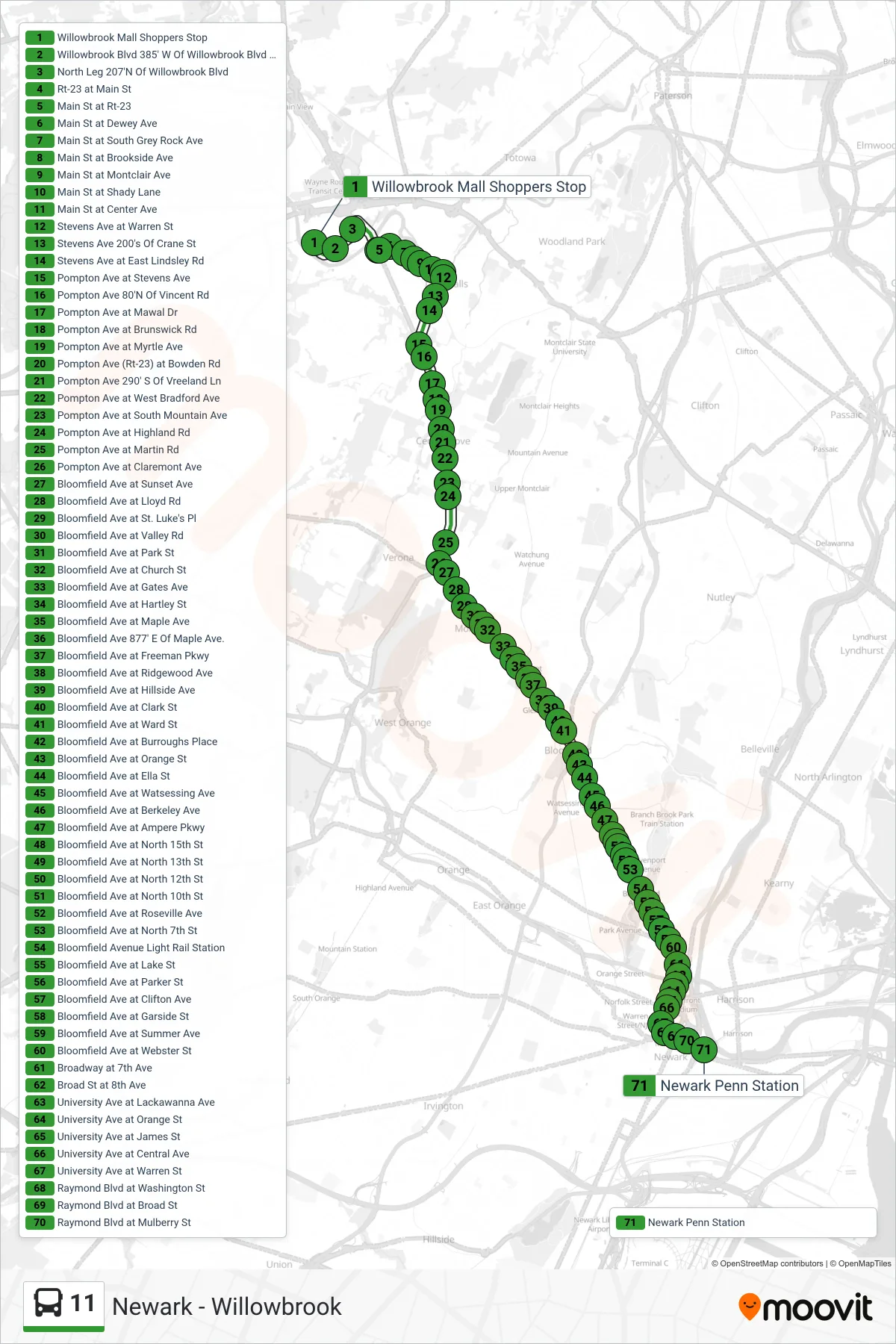 11 bus Line (Newark Penn Station) route and stops on a map