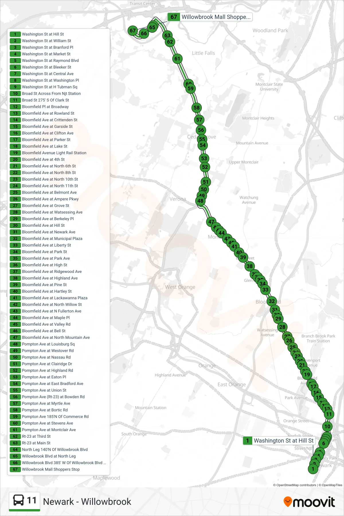 11 bus Line (Willowbrook Rt 23 Express) route and stops on a map