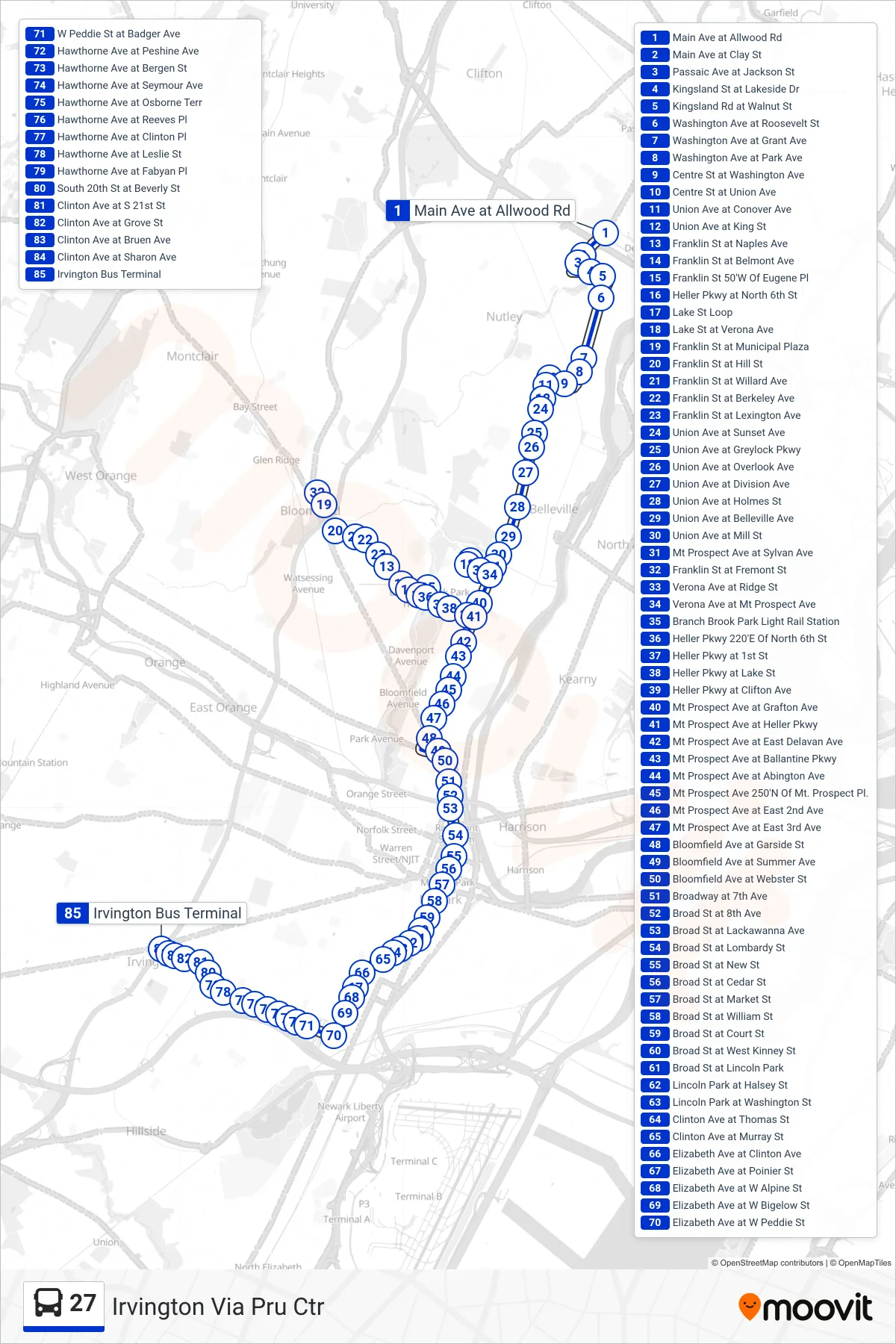 27 bus Line (Irvington  Via Pru Ctr) route and stops on a map