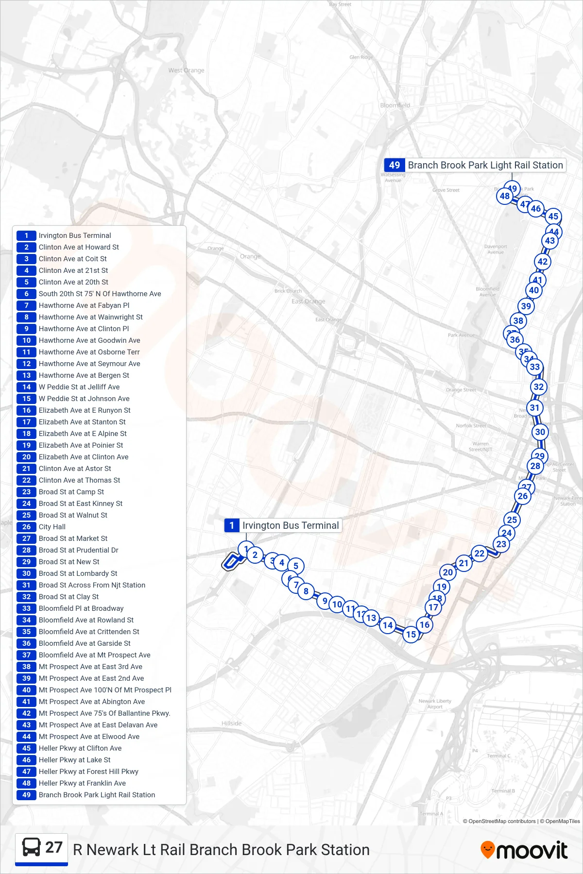 27 bus Line (R Newark Lt Rail Branch Brook Park Station) route and stops on a map