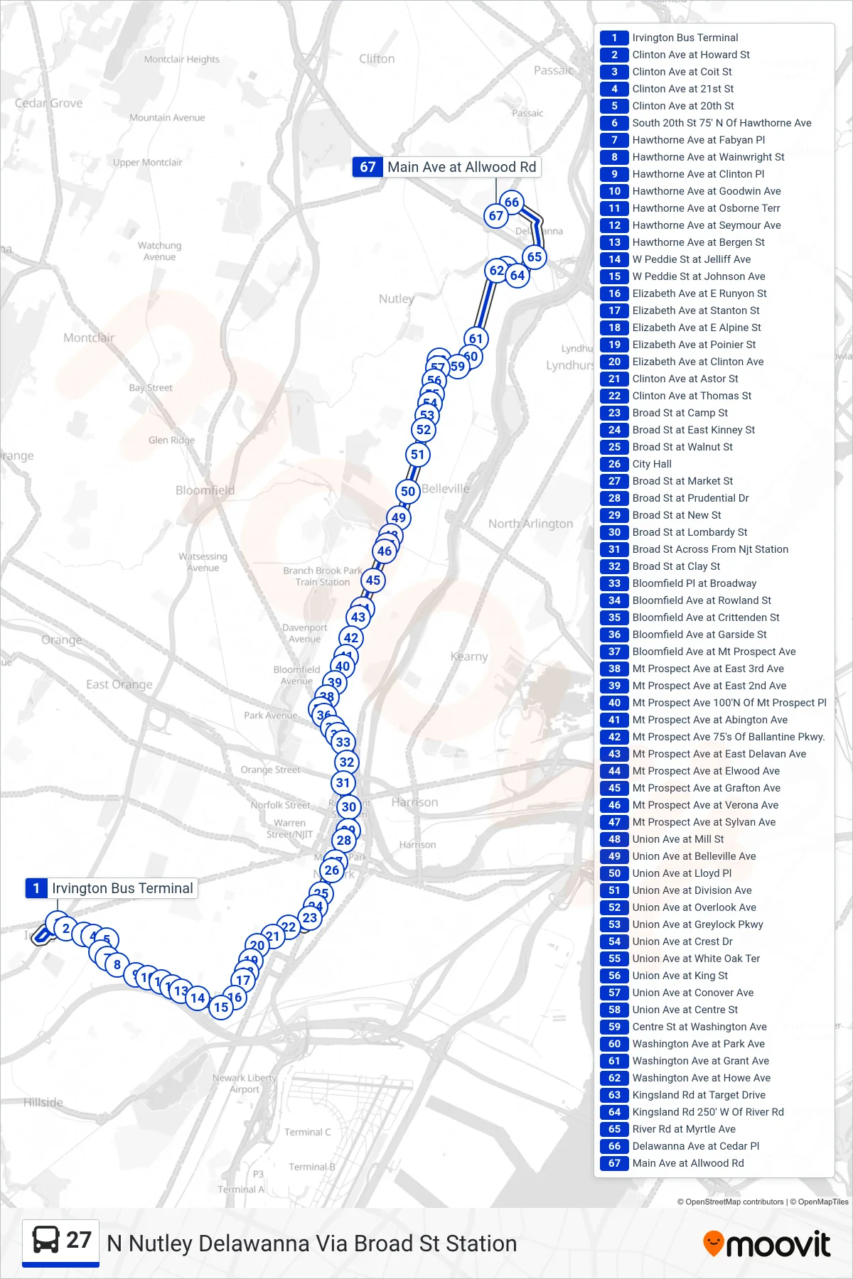 27 bus Line (N Nutley Delawanna Via Broad St Station) route and stops on a map