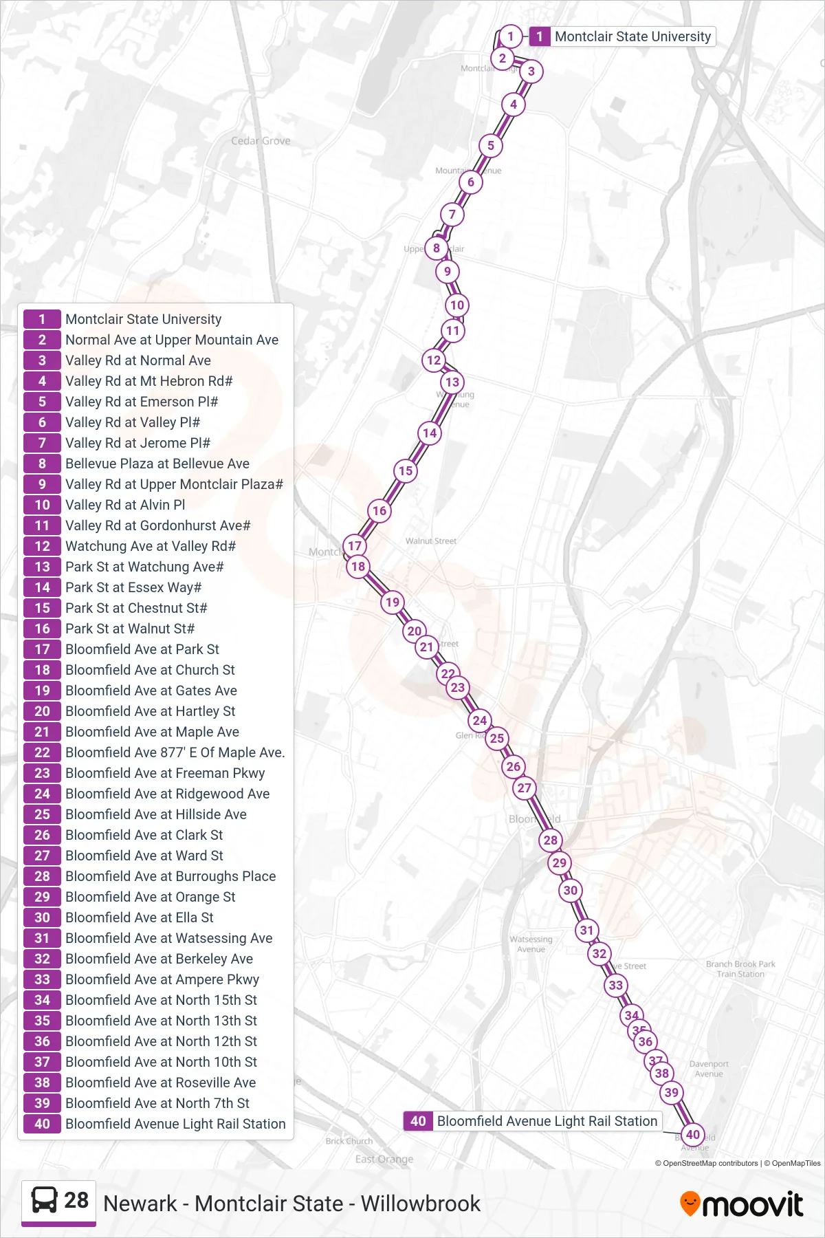 28 bus Line (Newark Lt Rail Bloomfield Ave Station) route and stops on a map