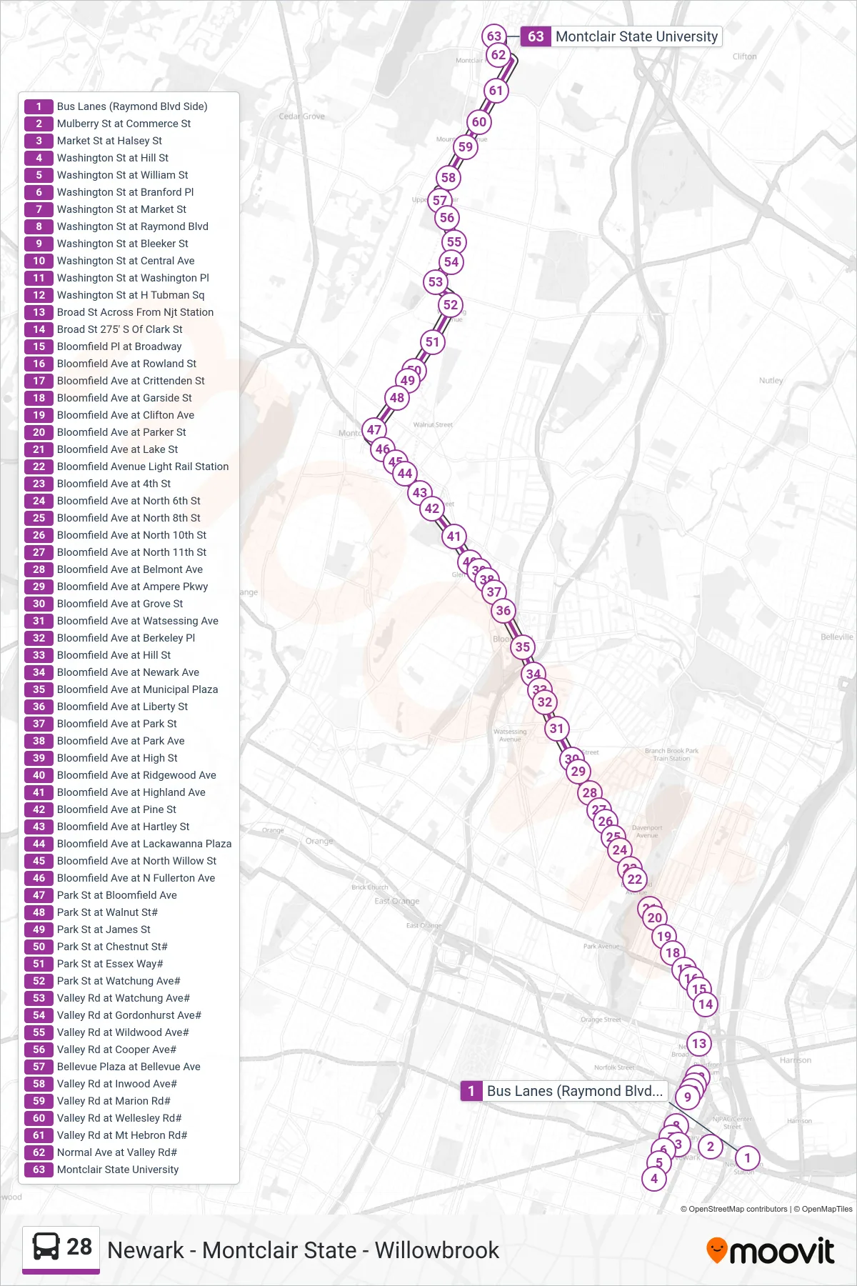 28 bus Line (Montclair State U) route and stops on a map