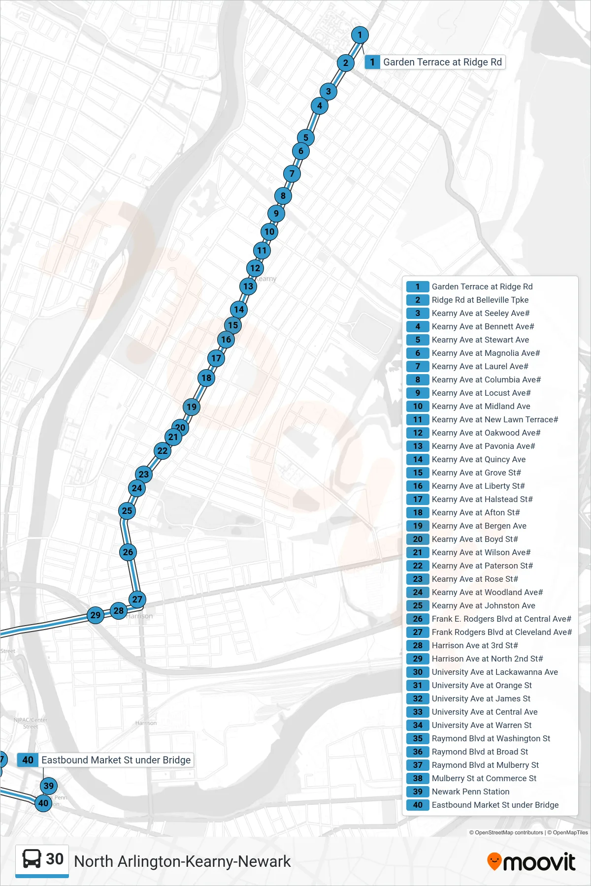 30 bus Line (Newark Penn Station) route and stops on a map
