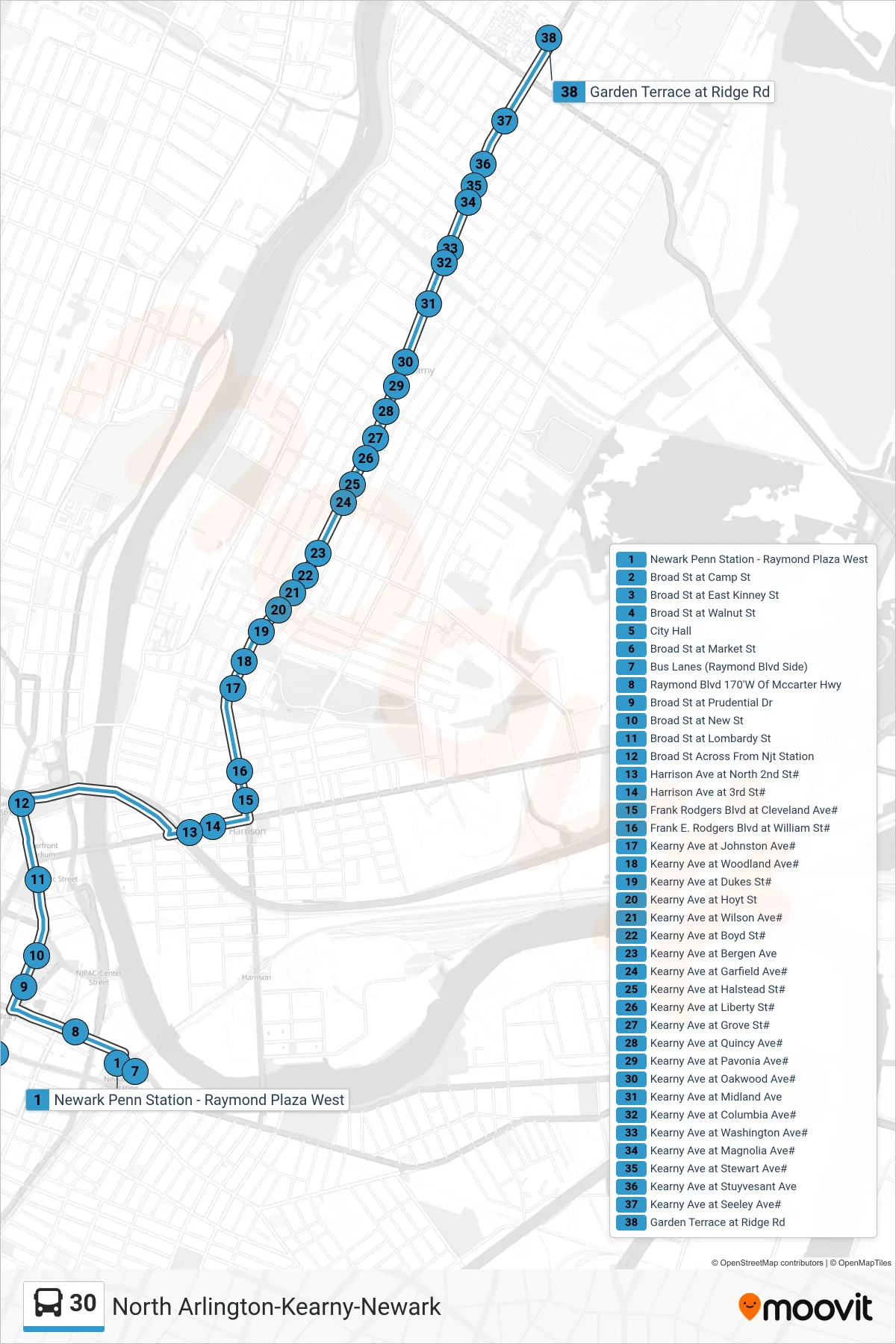 30 bus Line (Kearny N Arlington) route and stops on a map