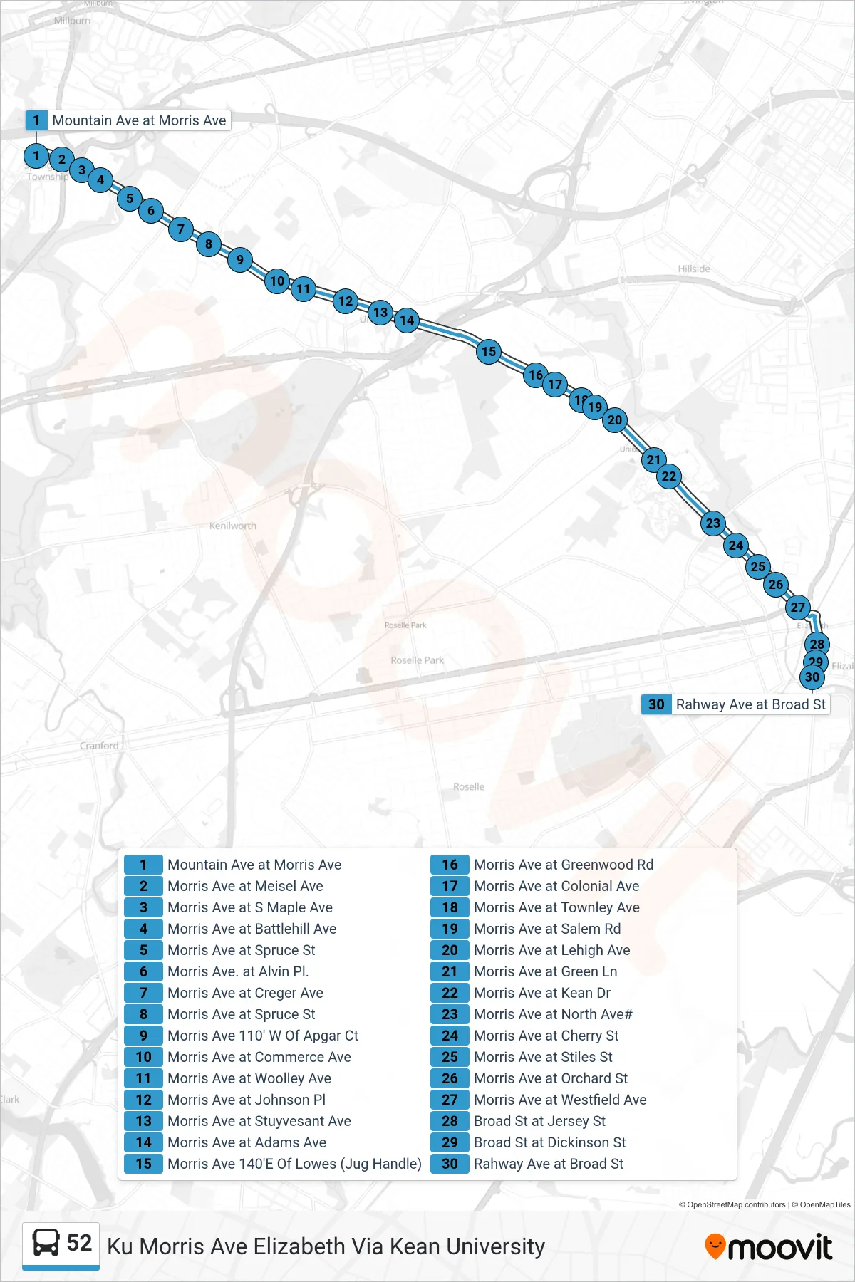 52 bus Line (Ku Morris Ave Elizabeth Via Kean University) route and stops on a map