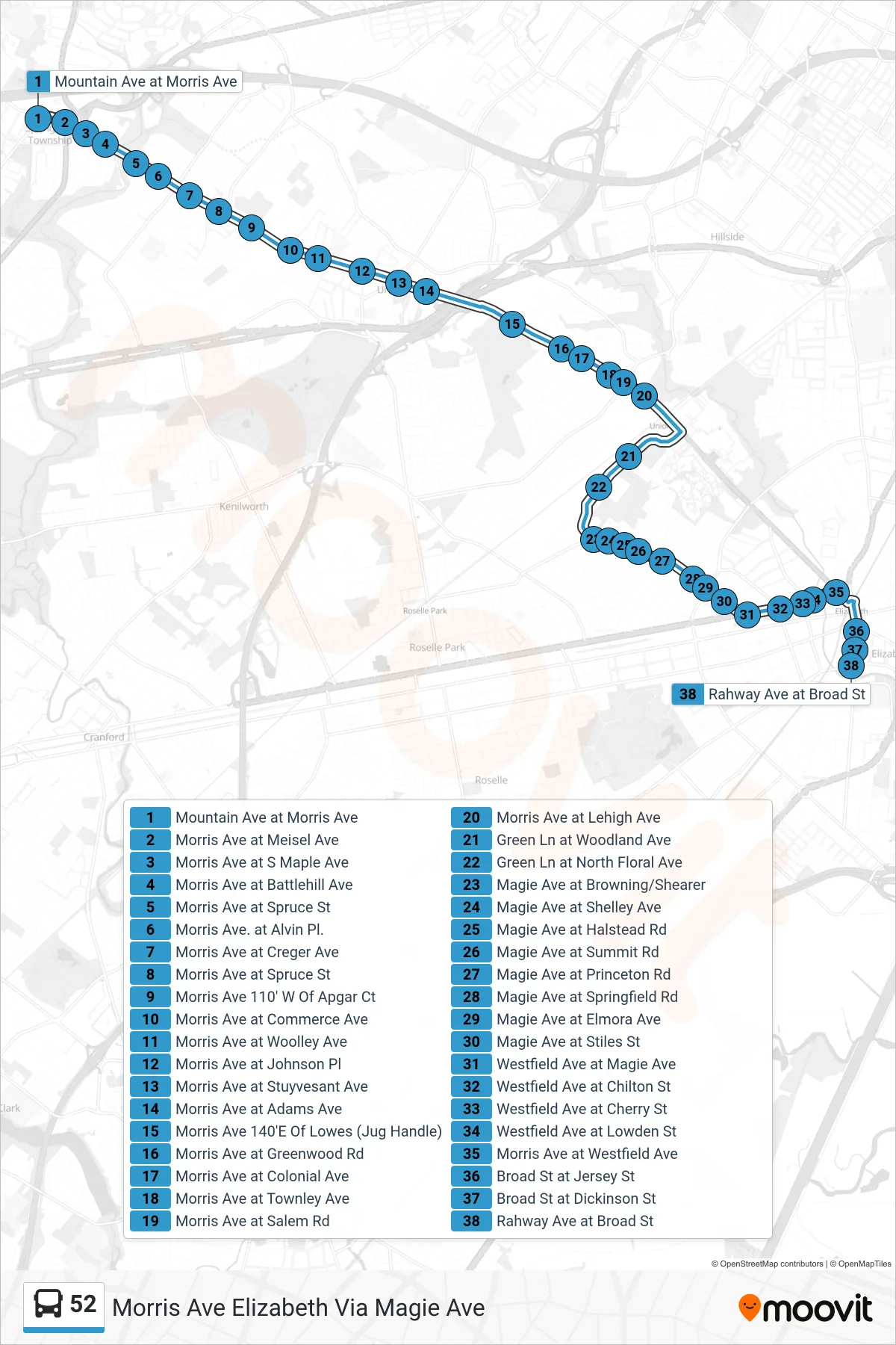 52 bus Line (Morris Ave Elizabeth Via Magie Ave) route and stops on a map