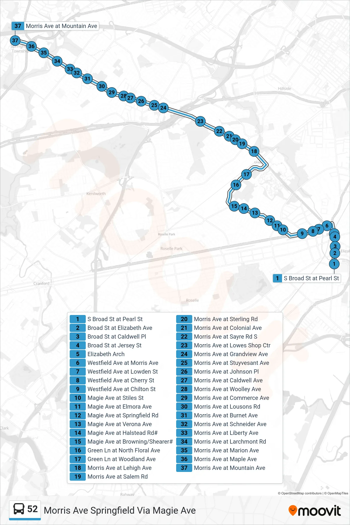 52 bus Line (Morris Ave Springfield Via Magie Ave) route and stops on a map