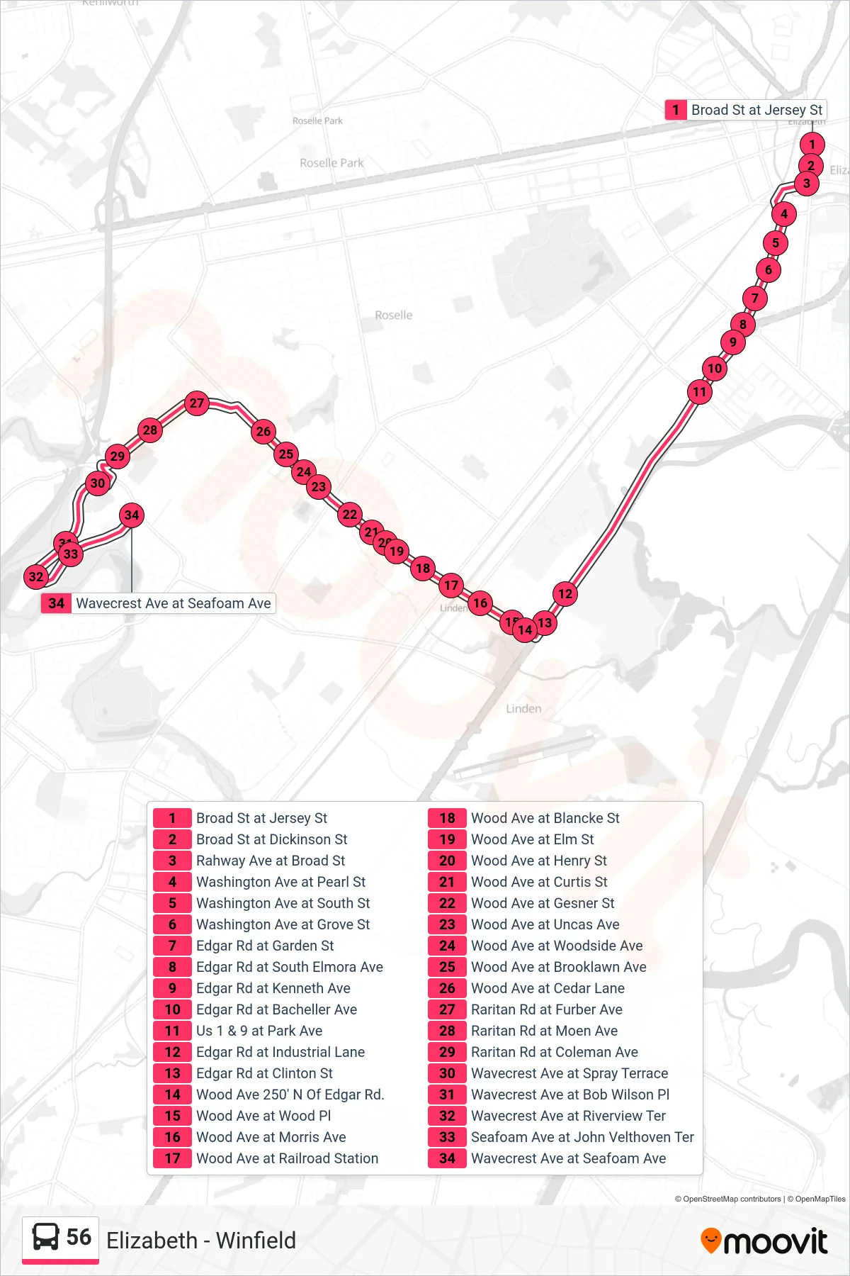 56 bus Line (Winfield) route and stops on a map