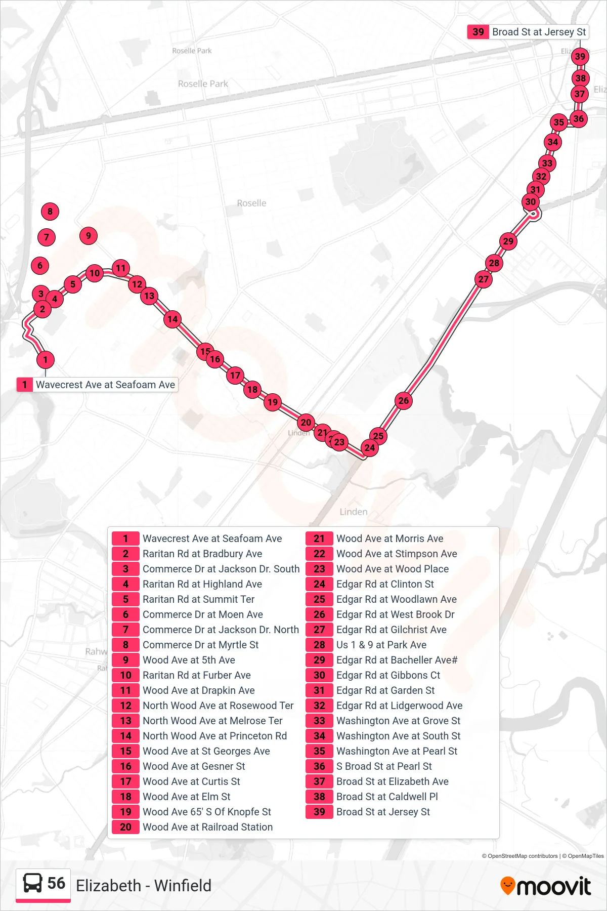 56 bus Line (Elizabeth Broad & Jersey) route and stops on a map